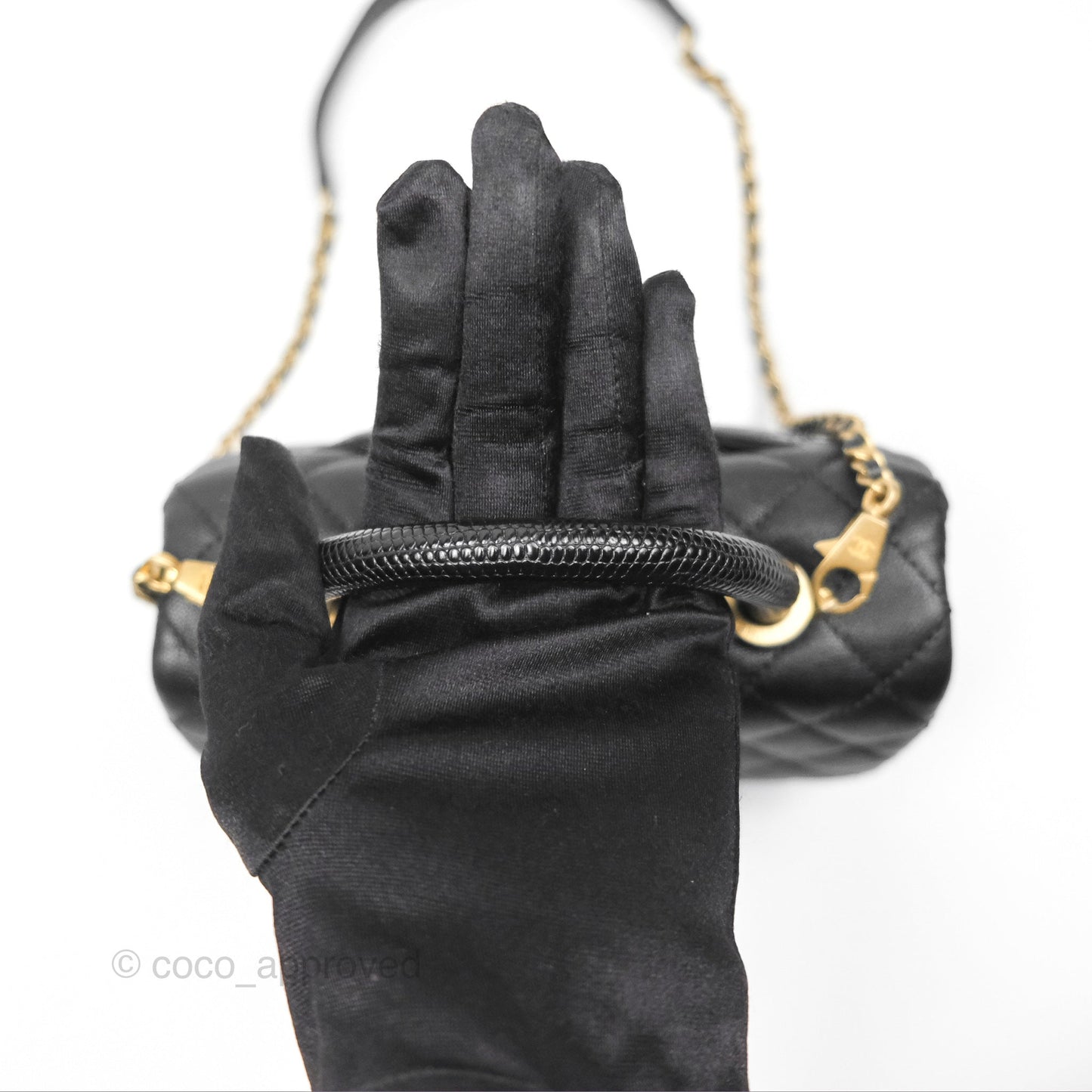 Chanel Small Coco Handle Quilted Black Caviar Aged Gold Hardware Lizard Handle
