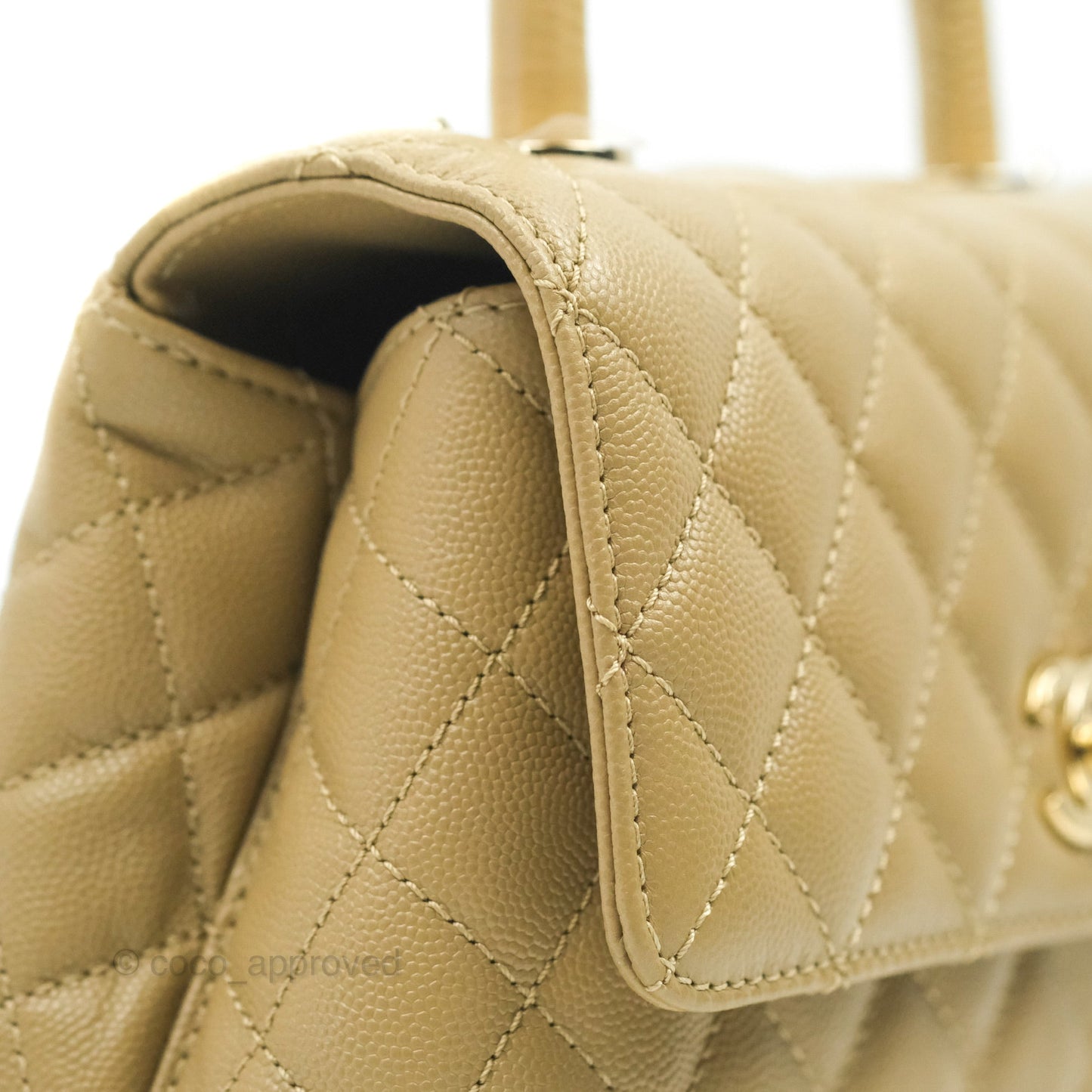 Chanel Small Coco Handle Quilted Dark Beige Caviar Gold Hardware Lizard Embossed Handle 21A