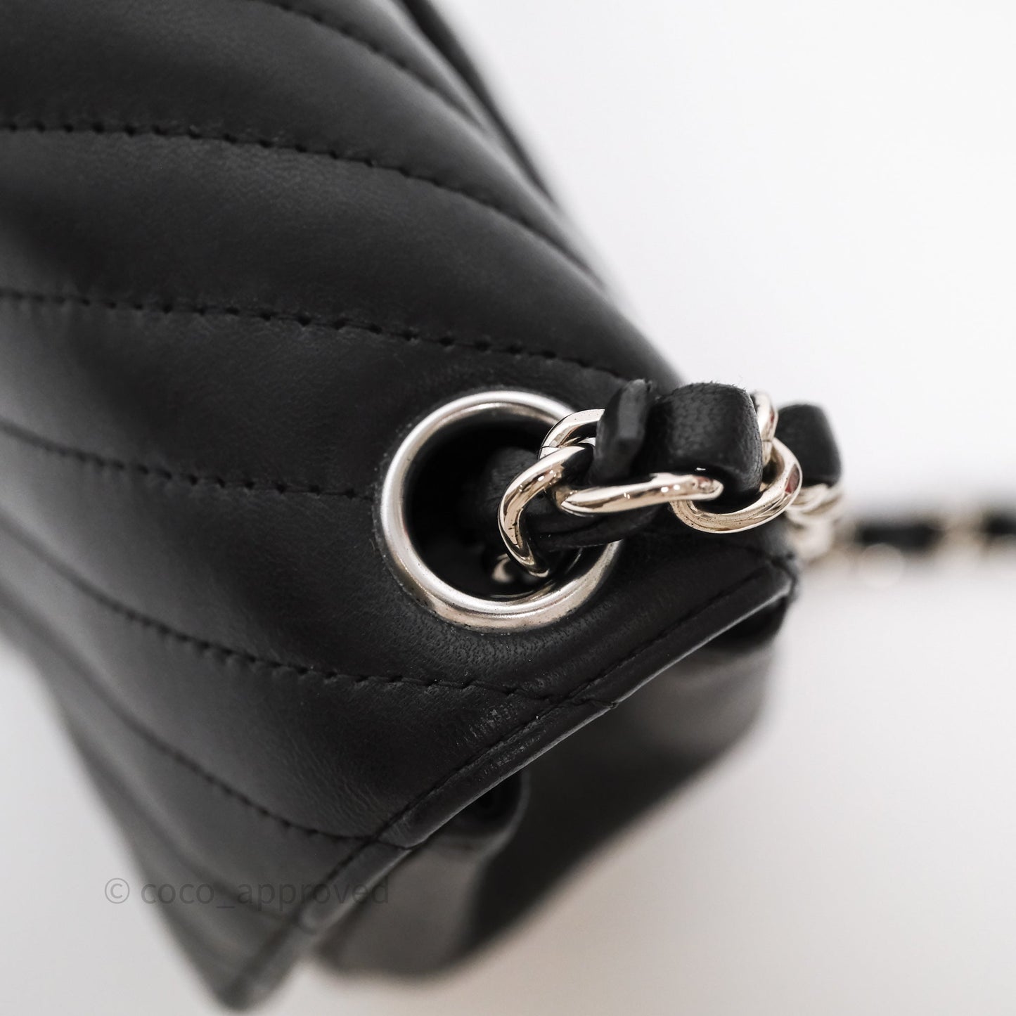 Chanel Mini Square Black Lambskin Chervon Bag Silver Hardware
