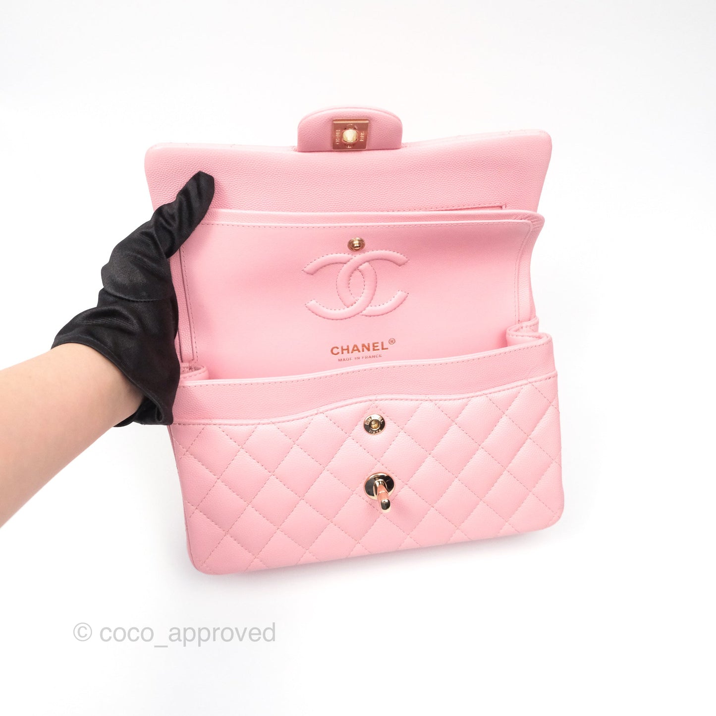 Chanel Small Classic Flap Quilted Sakura Pink Caviar Gold Hardware 22C
