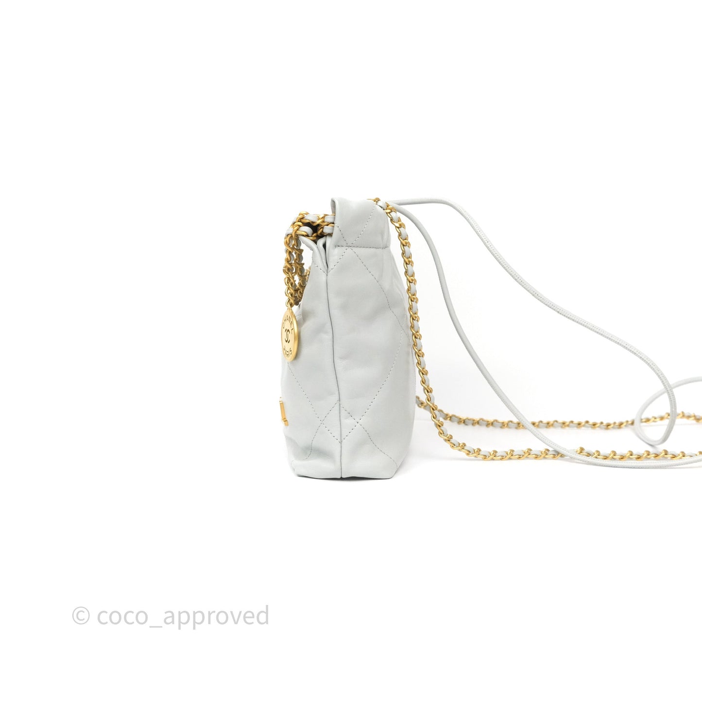Chanel 22 Mini Bag Light Blue Shiny Crumpled Calfskin Aged Gold Hardware