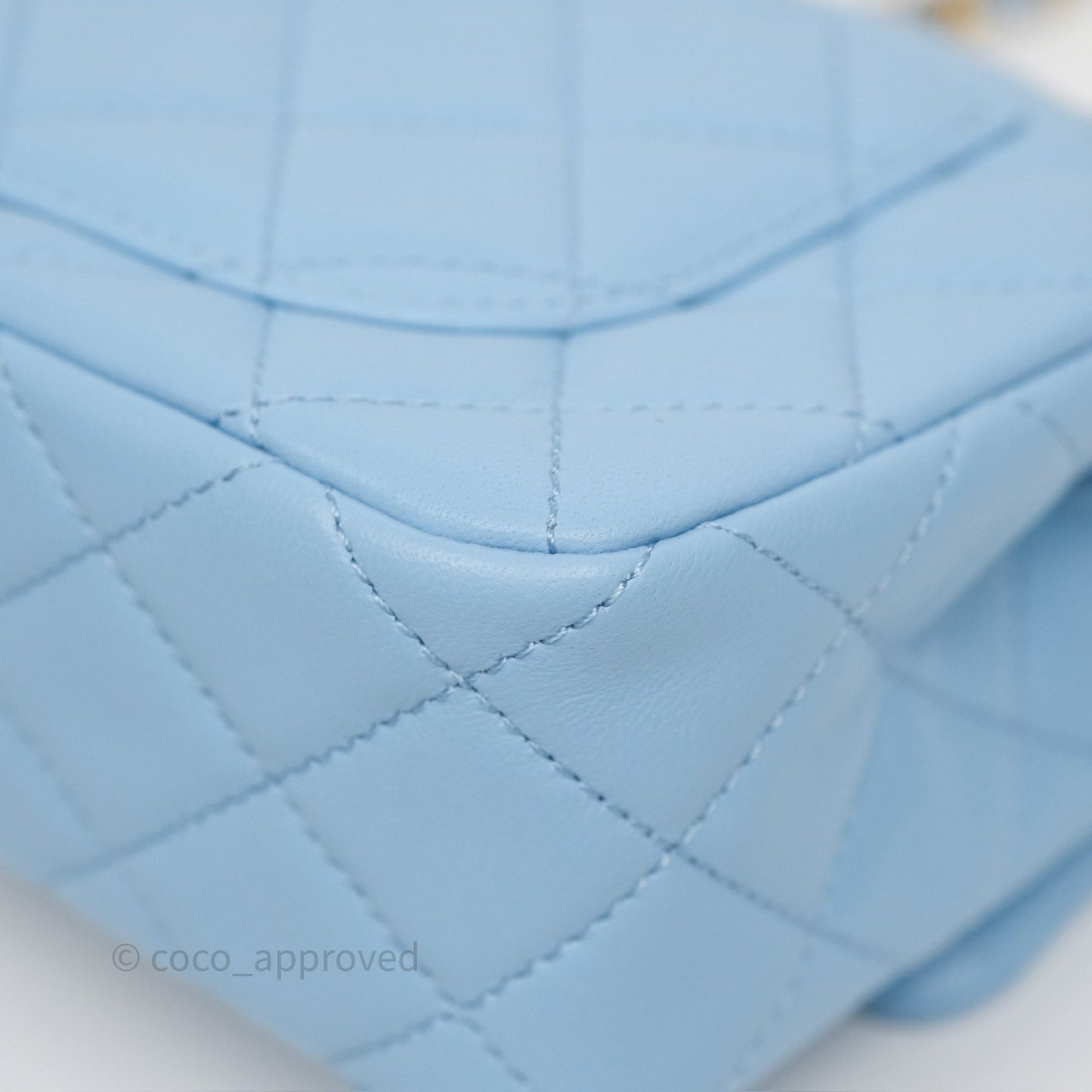 Chanel Mini Rectangular Pearl Crush Quilted Sky Blue Lambskin Aged Gold Hardware