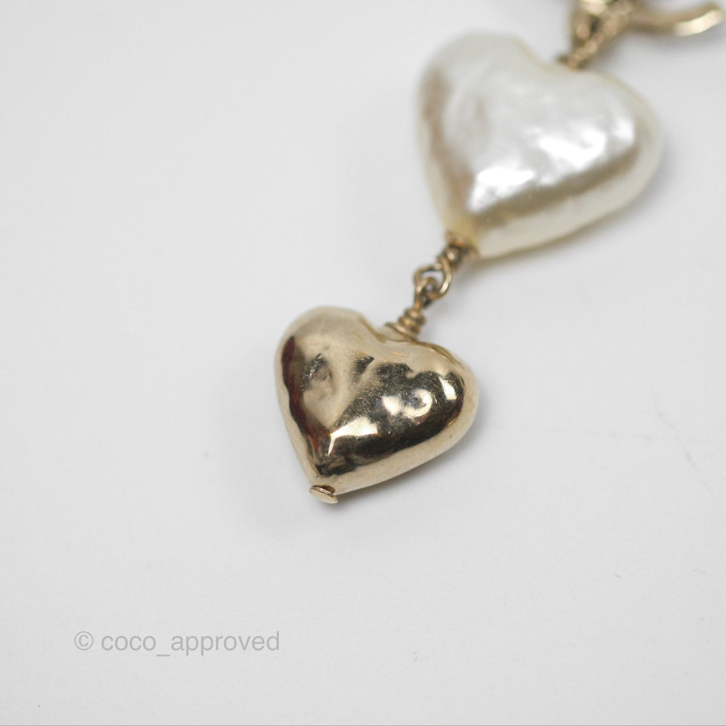 Chanel CC Pearl Heart Drop Earrings Gold Tone 22C