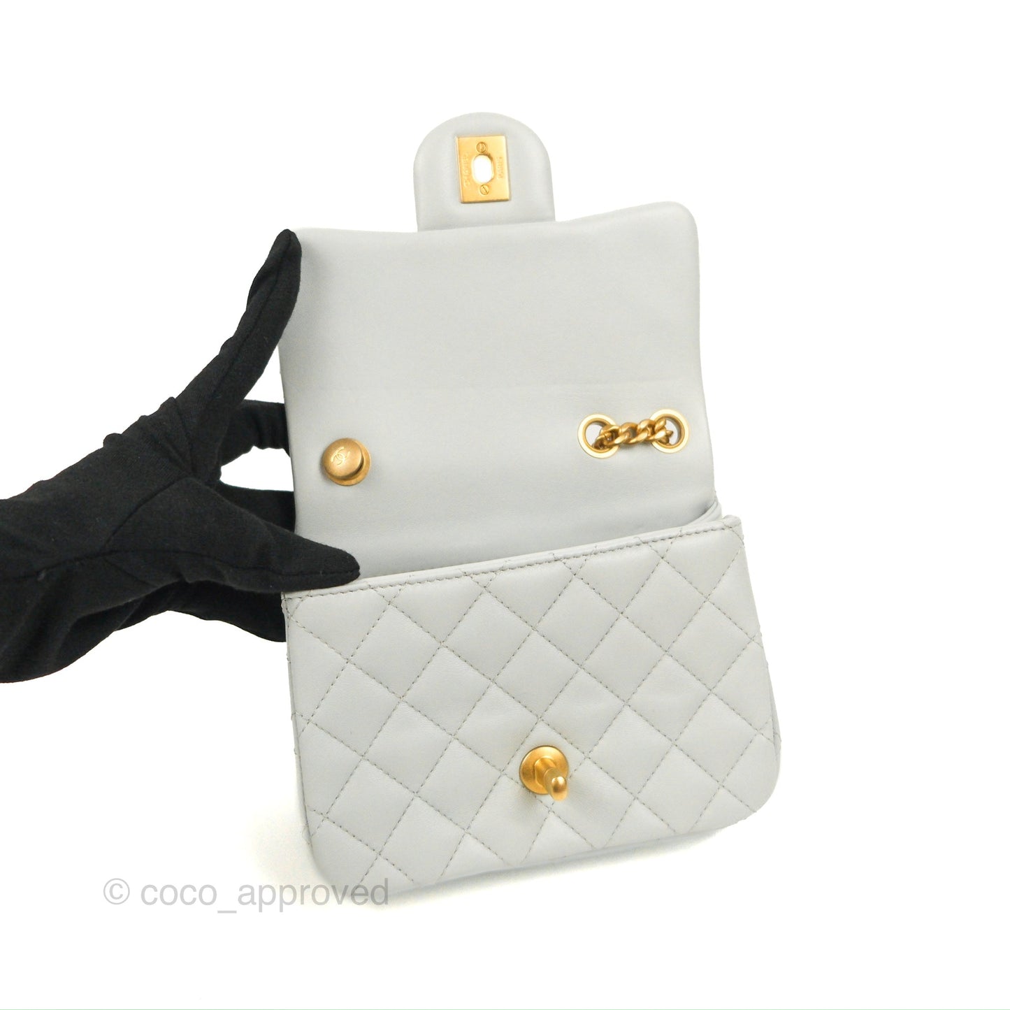 Chanel Quilted Mini Square Flap with Camellia Adjustable Chain Blue Clair Lambskin 23S