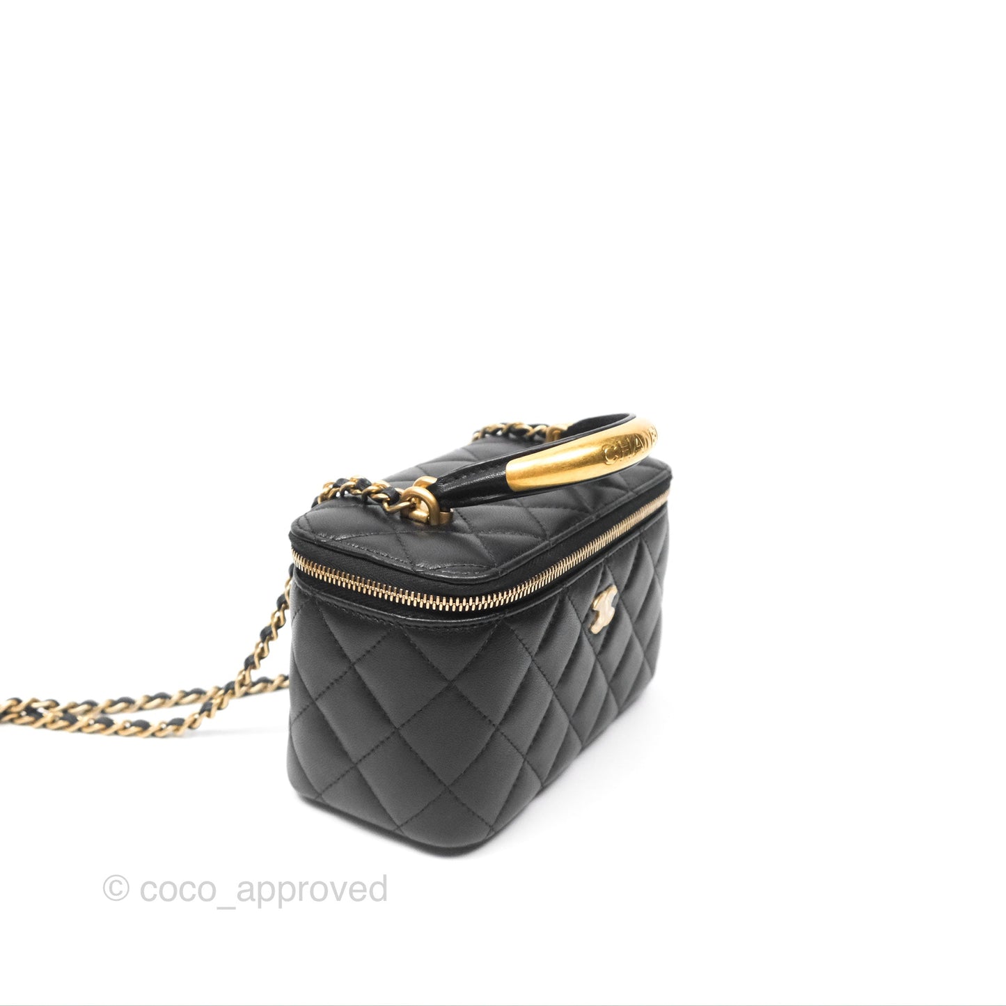 Chanel Vanity Rectangular Metal Top Handle Black Lambskin Aged Gold Hardware 22B