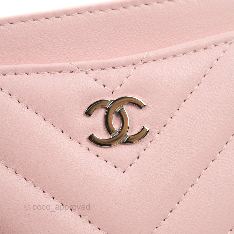 Chanel Chevron Classic Flat Card Holder Pink Lambskin Silver Hardware