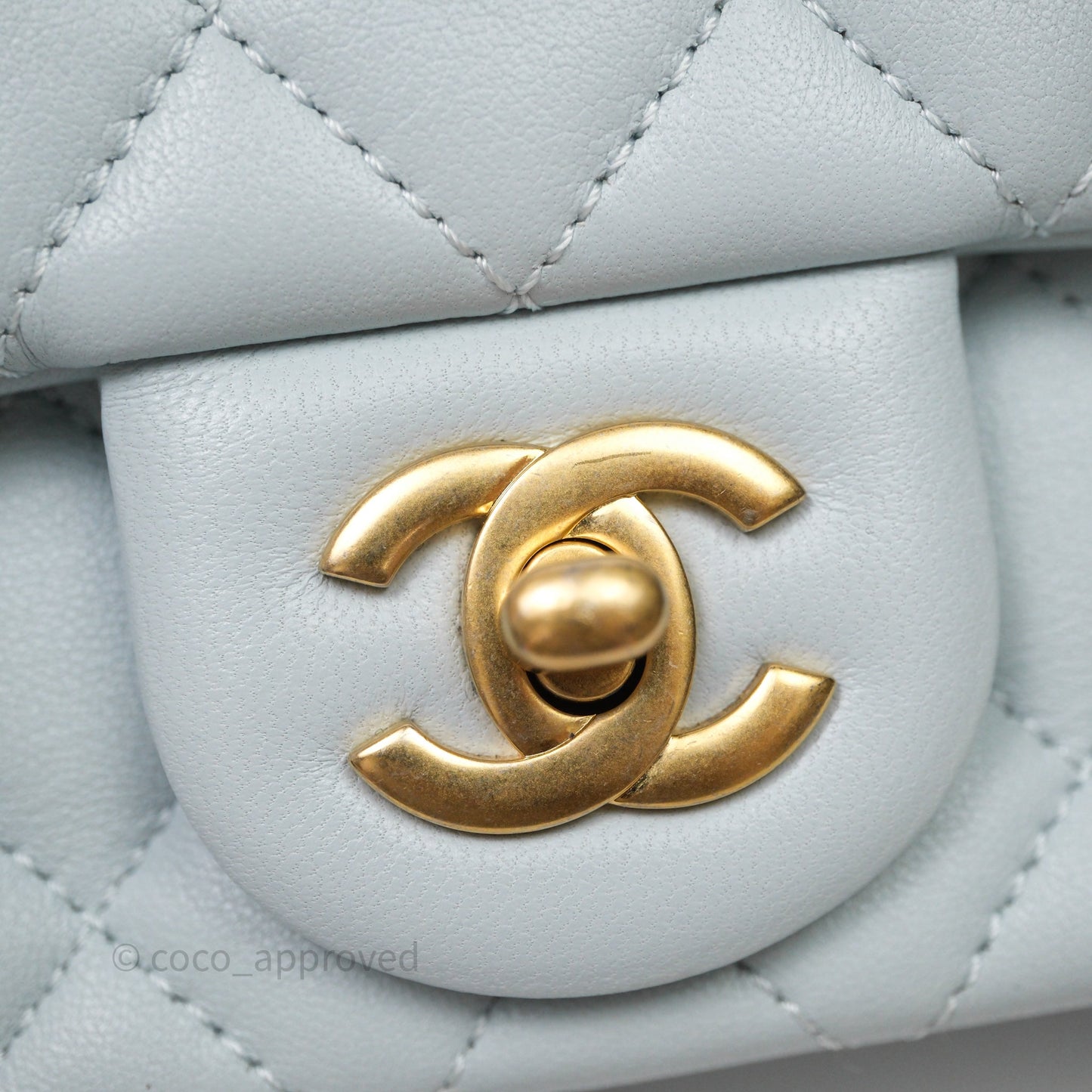 Chanel Pearl Crush Mini Rectangular Light Blue Lambskin Aged Gold Hardware