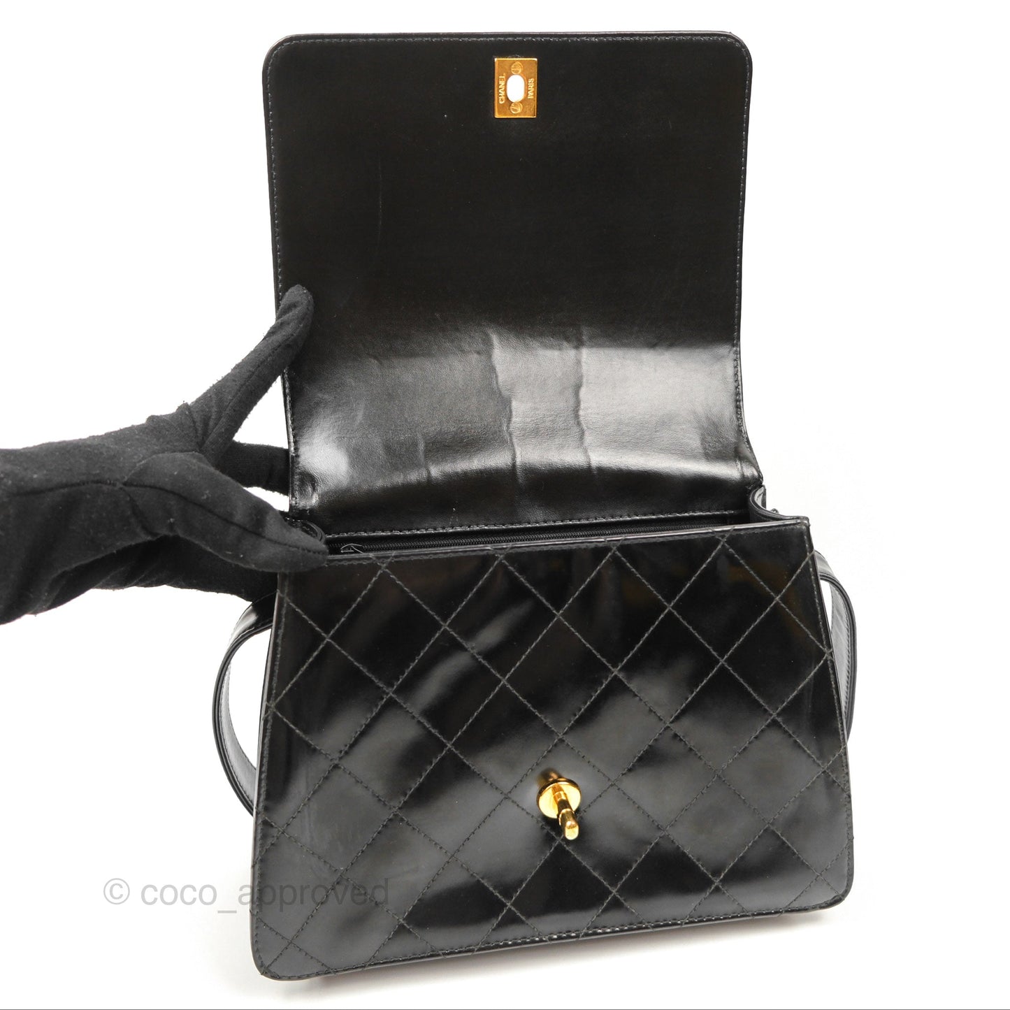 Chanel Vintage Flap Shoulder Bag Black Patent 24K Gold Hardware