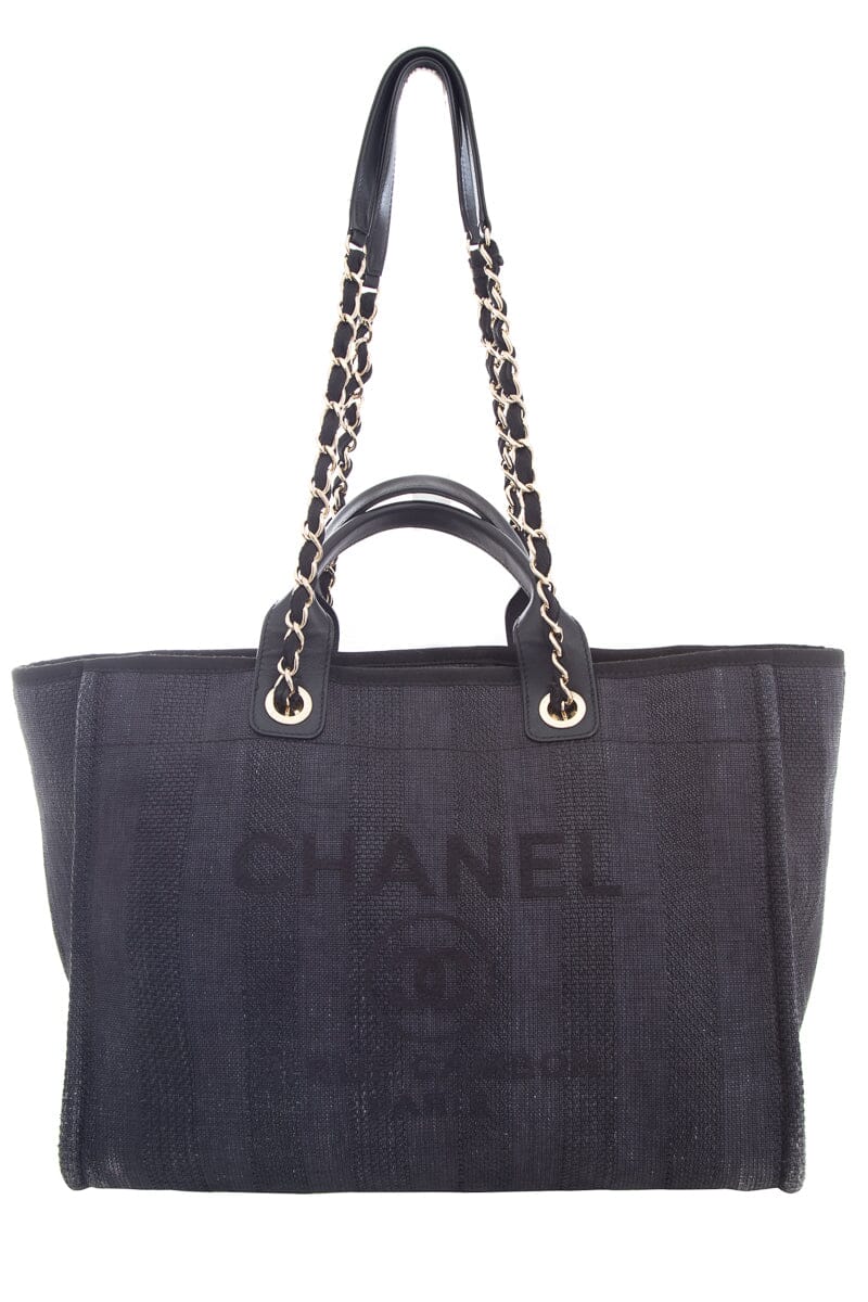Luxury Chanel Chambray and Black Raffia Large Deauville Shopping Tote