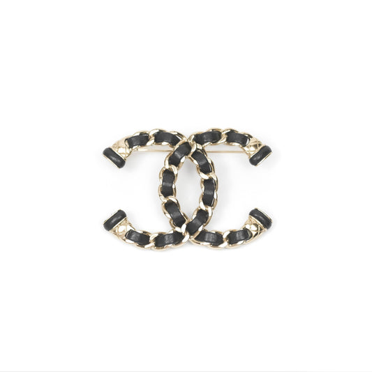 Chanel CC Black Lambskin Brooch in Gold Tone 21S