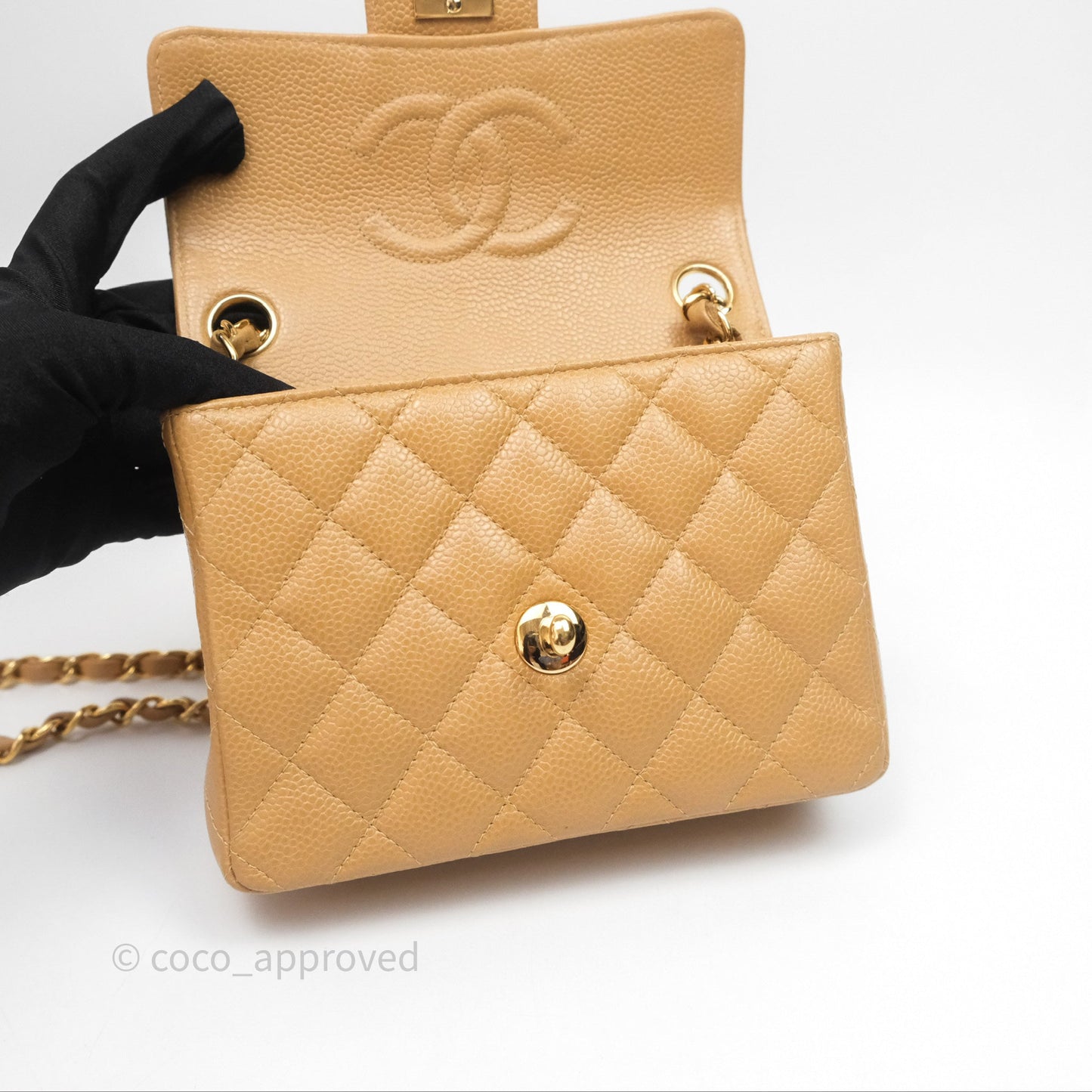 Chanel Vintage Mini Square Quilted Beige Caviar 24K Gold Hardware