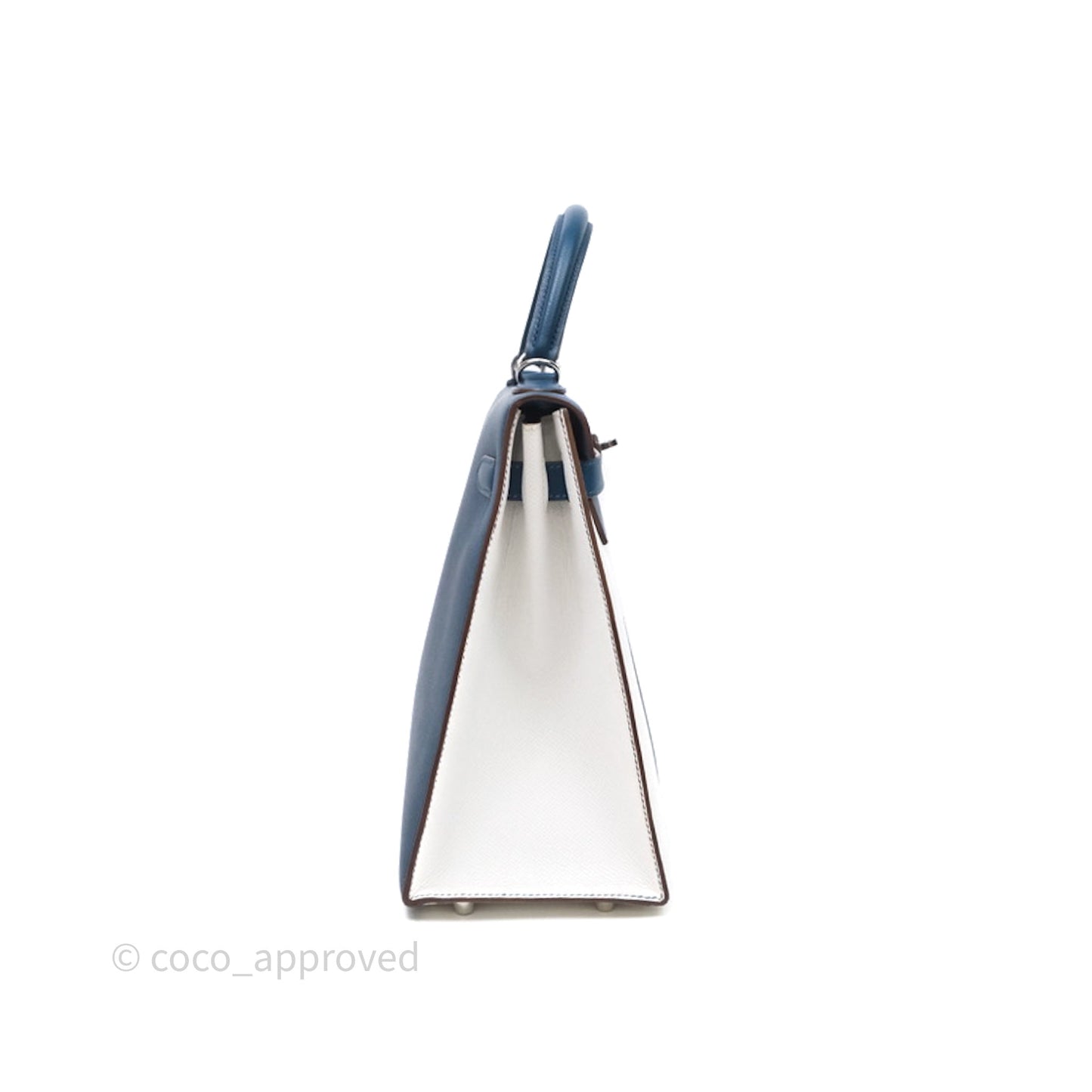 Hermès Kelly 32 Sellier Bleu Thalassa 7A/ White Epsom Palladium Hardware