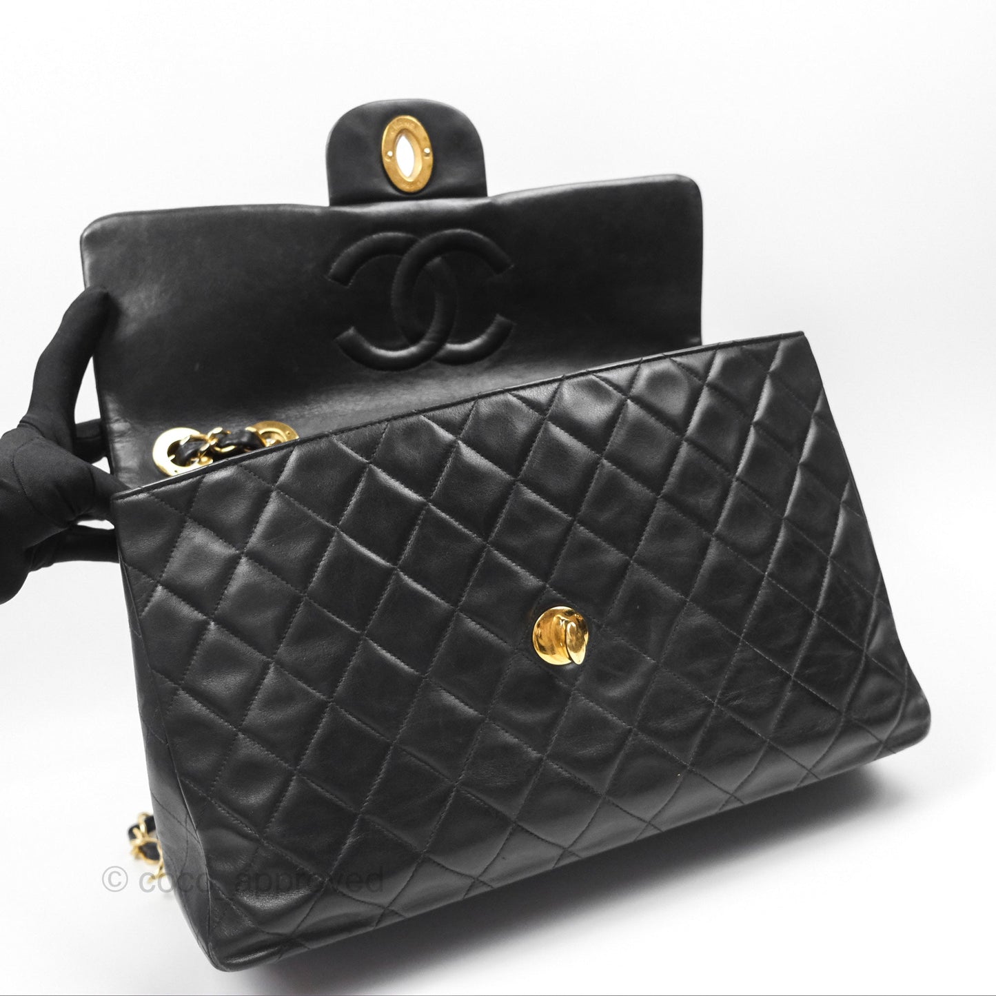 Chanel Vintage Maxi Single Flap Black Lambskin 24K Gold Hardware