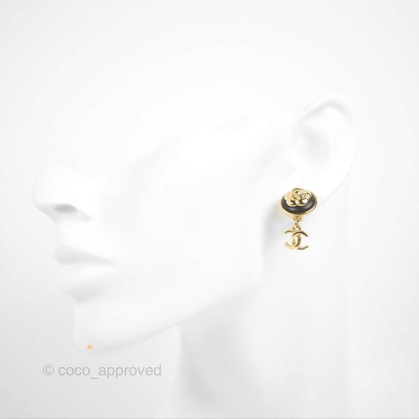 Chanel Round Camellia CC Earrings Black Leather Gold Tone 22A