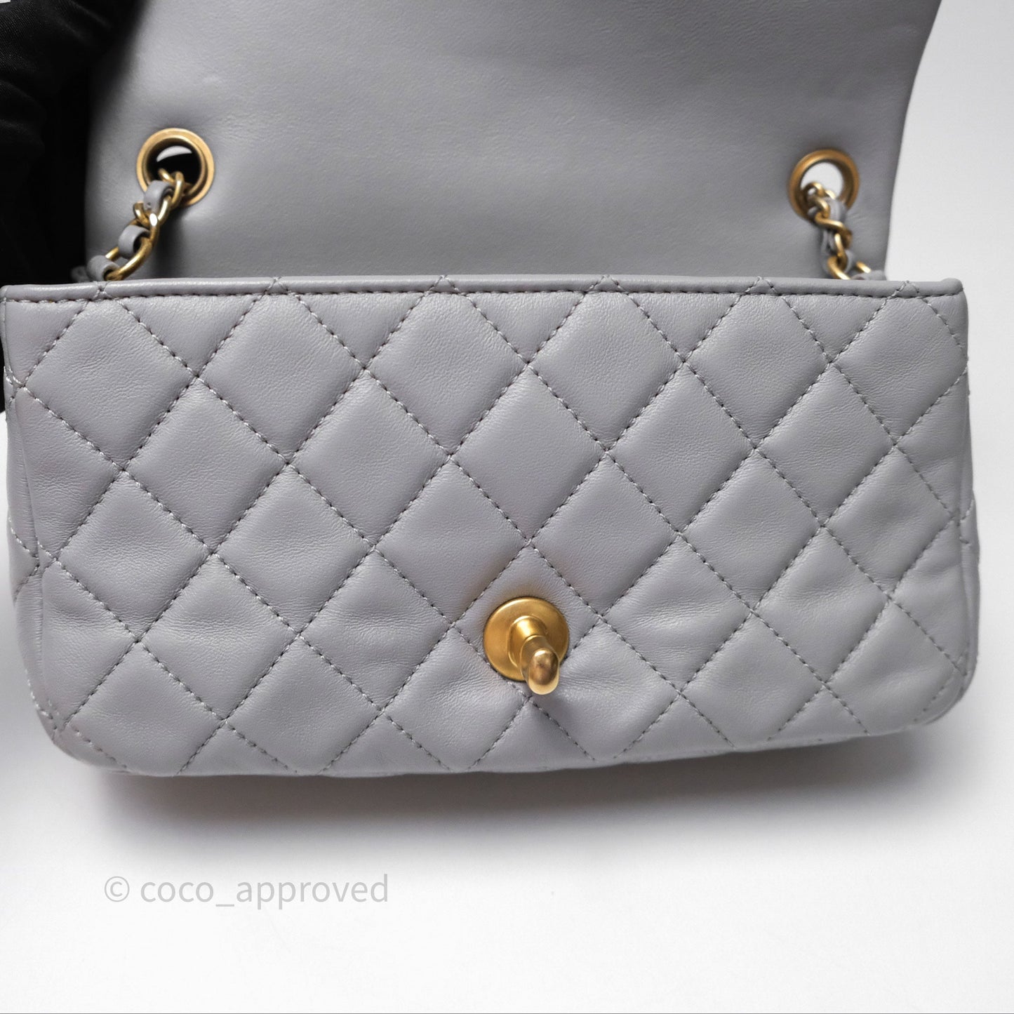 Chanel Pearl Crush Mini Rectangular Quilted Grey Lambskin Aged Gold Hardware