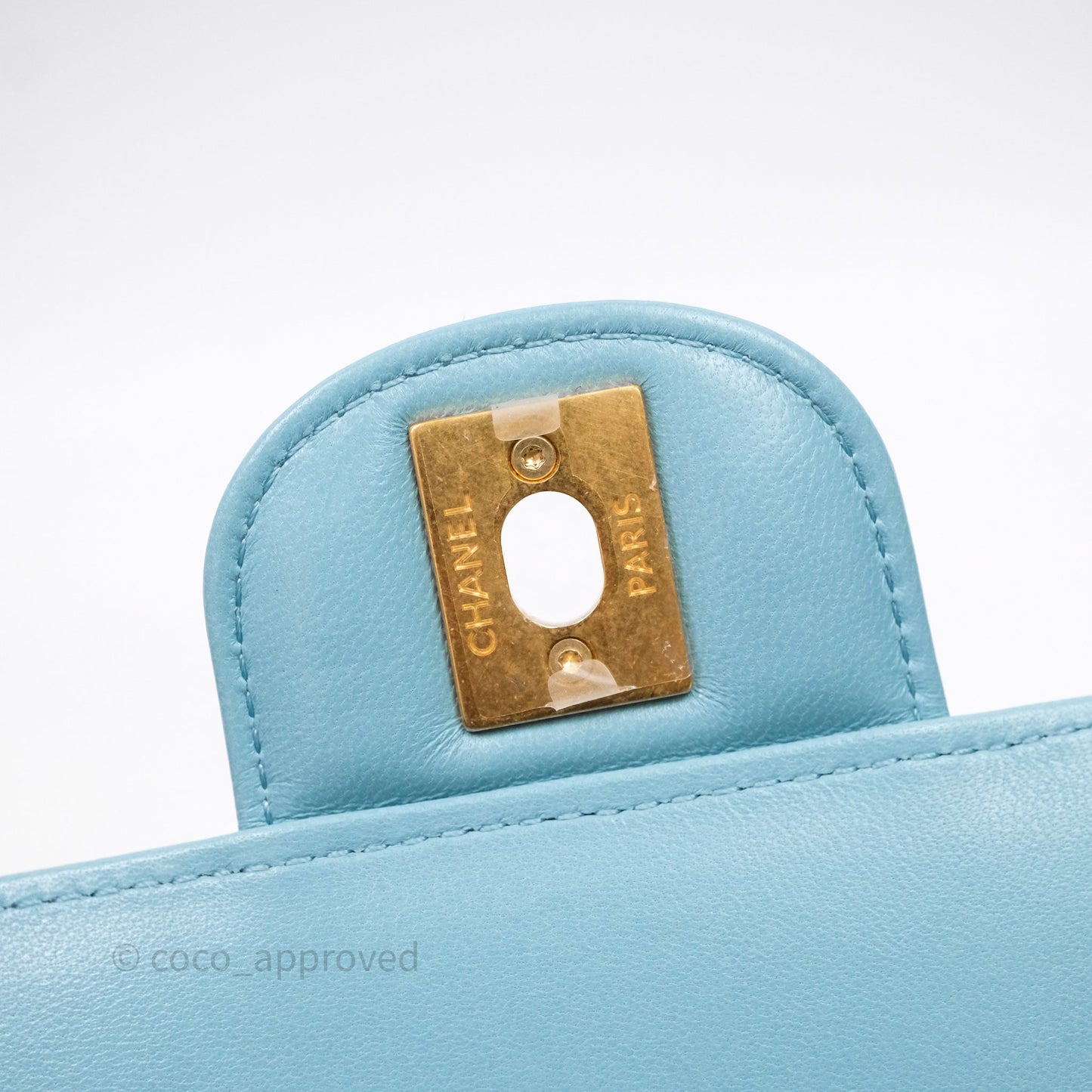 Chanel Flap Bag with Crystal Logo Top Handle Tiffany Blue Lambskin Aged Gold Hardware
