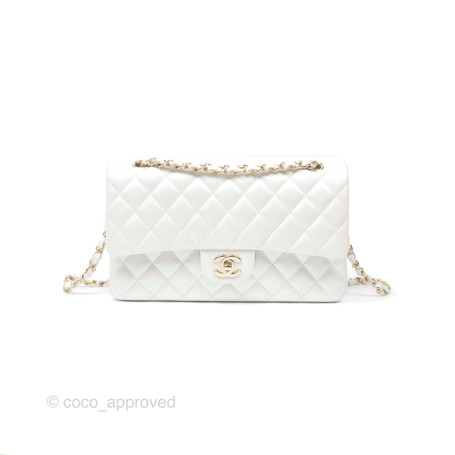 Chanel Classic M/L Medium Double Flap Iridescent White Calfskin Gold Hardware