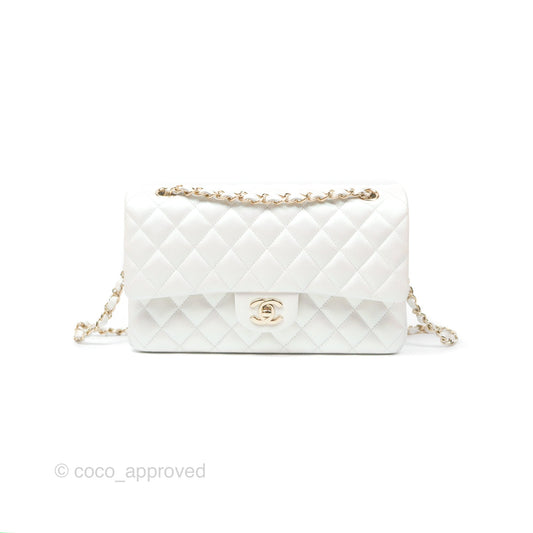 Chanel Classic M/L Medium Double Flap Iridescent White Calfskin Gold Hardware