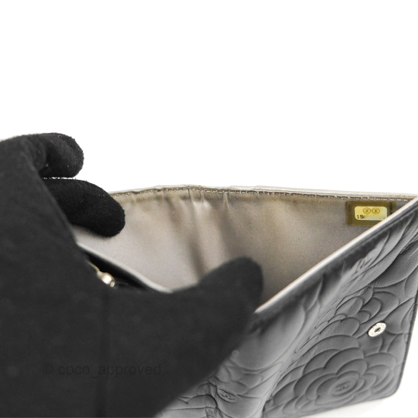 Chanel Wallet Black Camellia Embossed Lambskin Silver Hardware