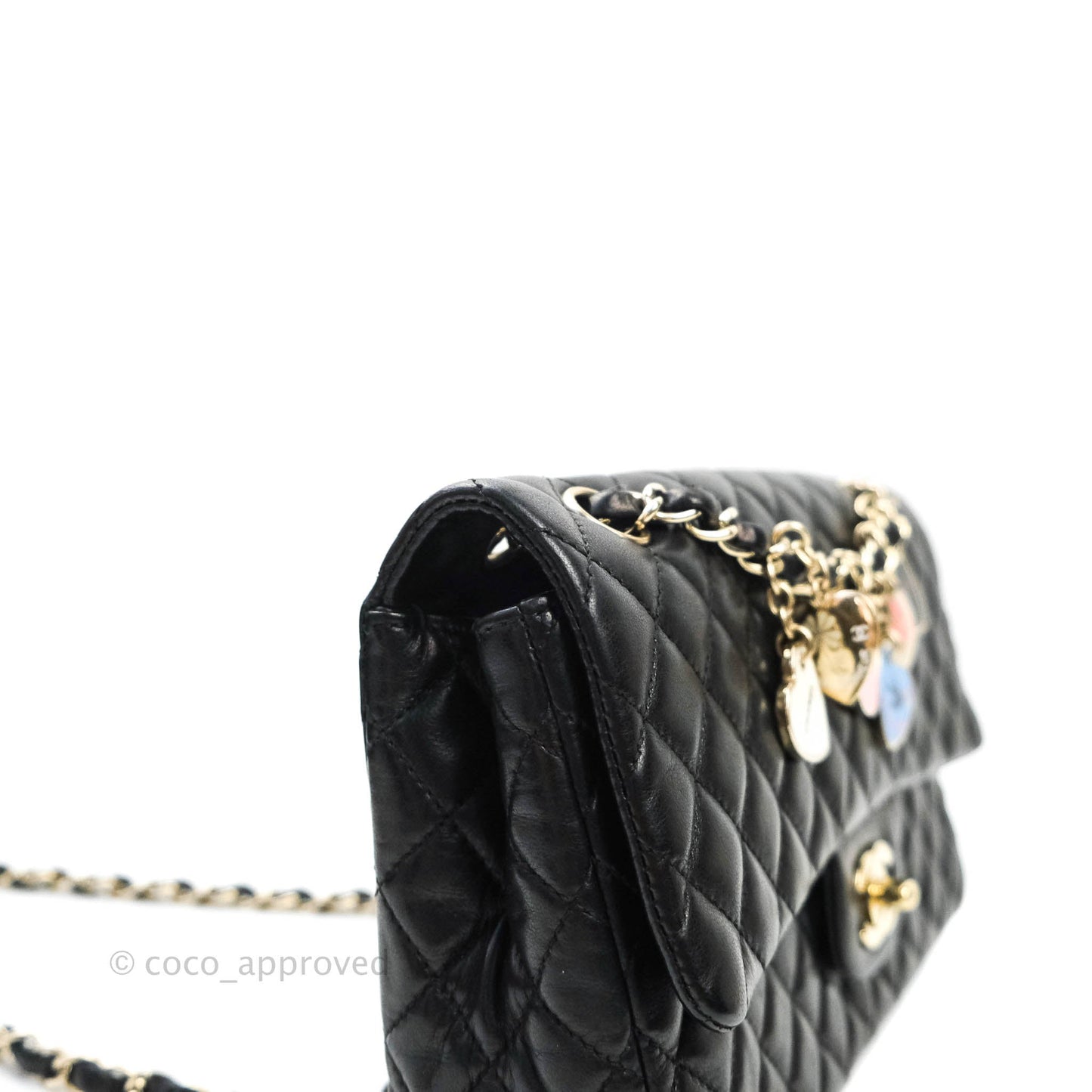 Chanel Classic M/L Medium Quilted Black Flap With Valentines Charms Lambskin Gold Hardware