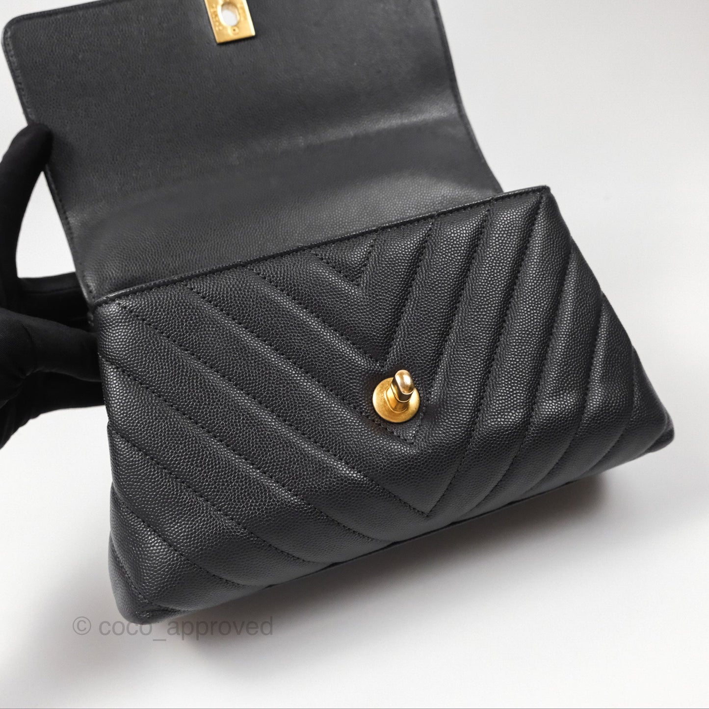 Chanel Small Coco Handle Chevron Dark Grey Caviar Aged Gold Hardware