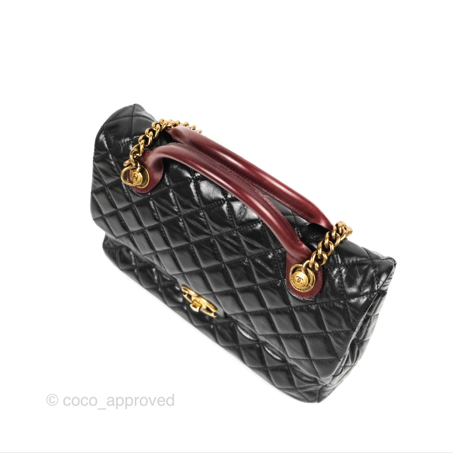Chanel Large Castle Rock Flap Bag Black Glazed Aged Calfskin Burgundy Handle
