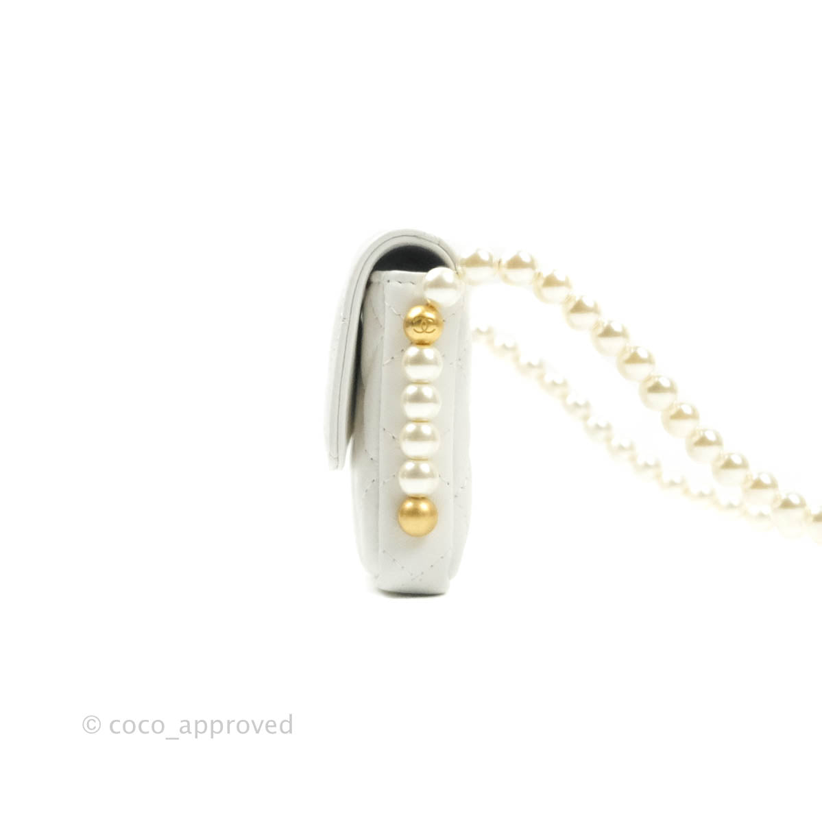 Chanel Flap Card Holder With Pearl Chain White Calfskin Aged Gold Hardware