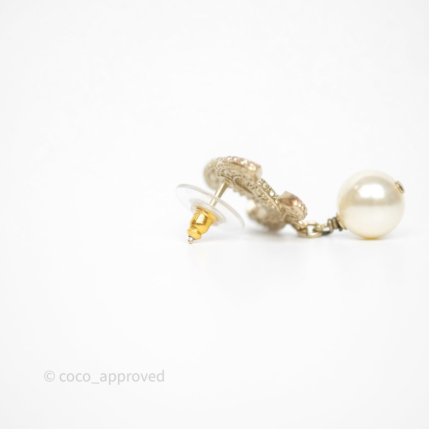 Chanel Crystal CC Pearl Drop Earrings Gold Tone 19V