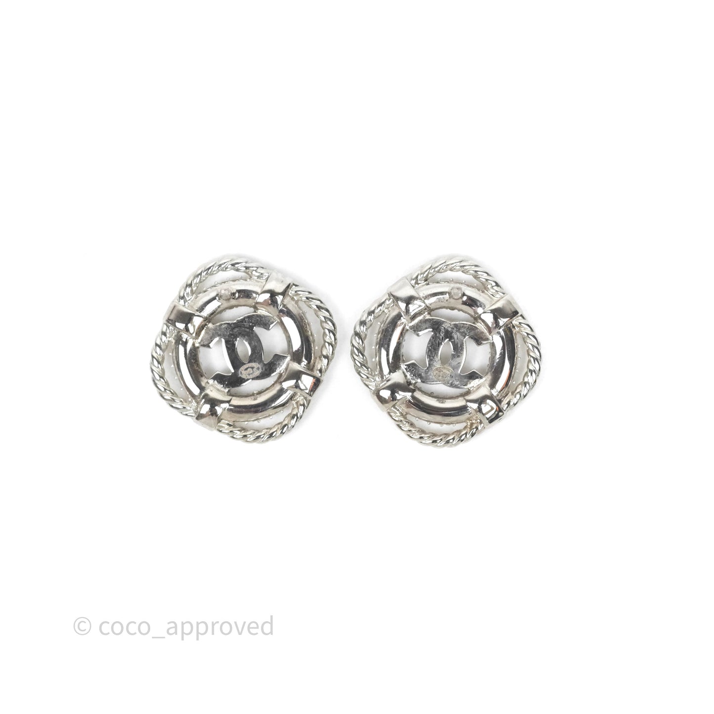 Chanel Crystal CC Square Round Earrings Silver Tone 19C