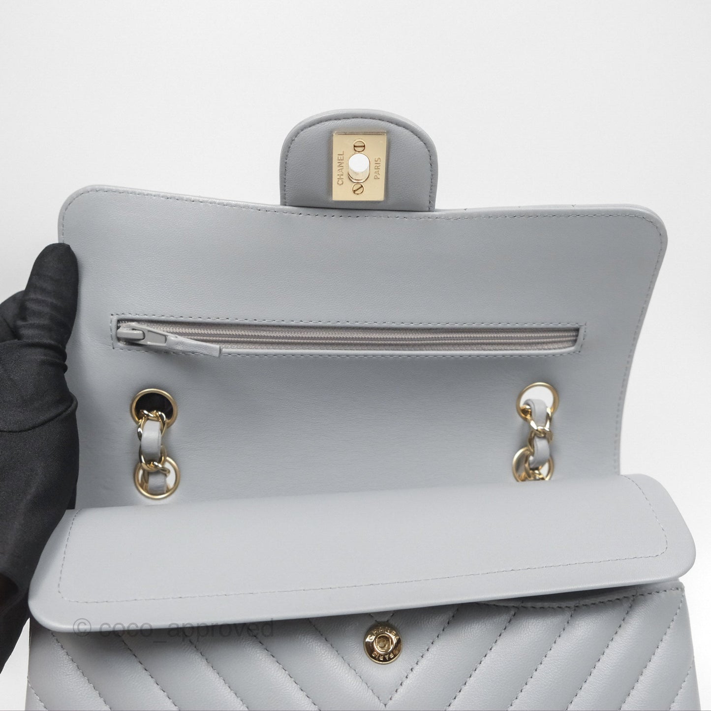 Chanel Small Classic Chevron Flap Grey Lambskin Gold Hardware