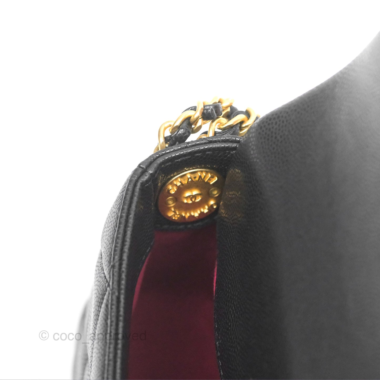 Chanel Mini Flap with Coin Charm Black Caviar Aged Gold Hardware 22A