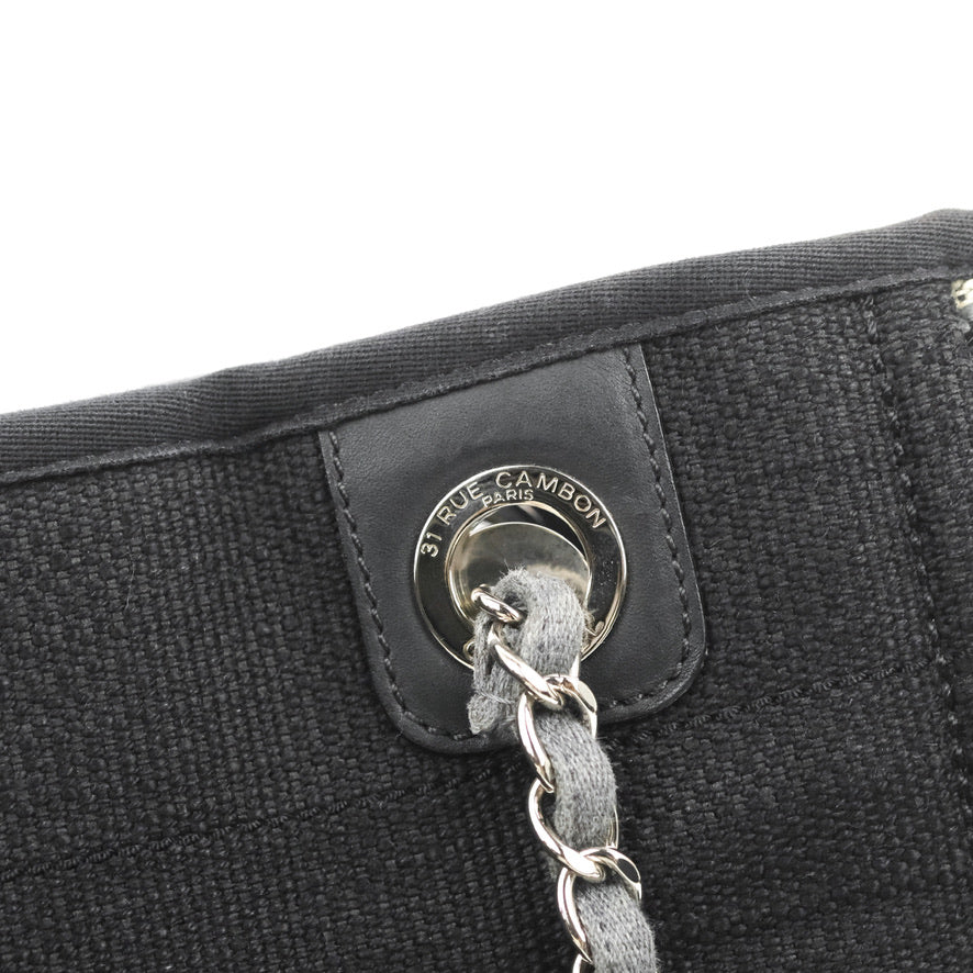 Chanel Mini Deauville Tote Black Stripe Canvas Silver Hardware