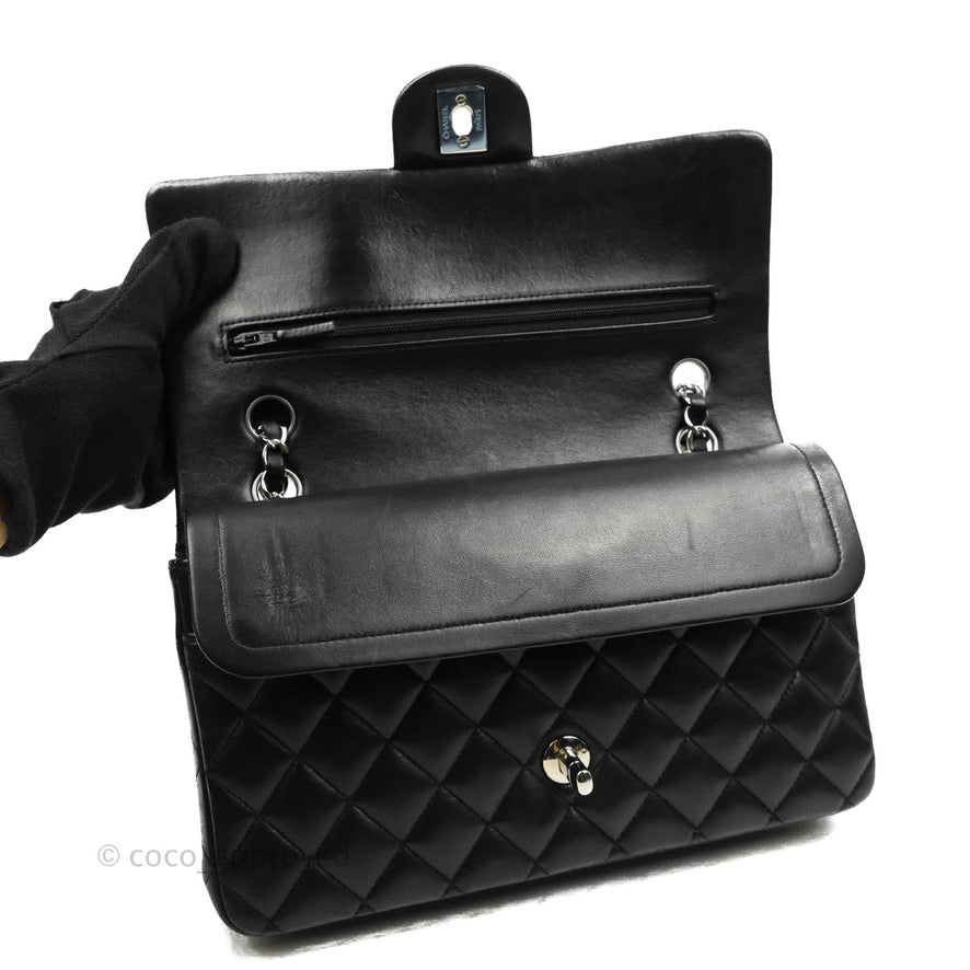 Chanel Classic M/L Medium Double Flap Black Lambskin Silver Hardware