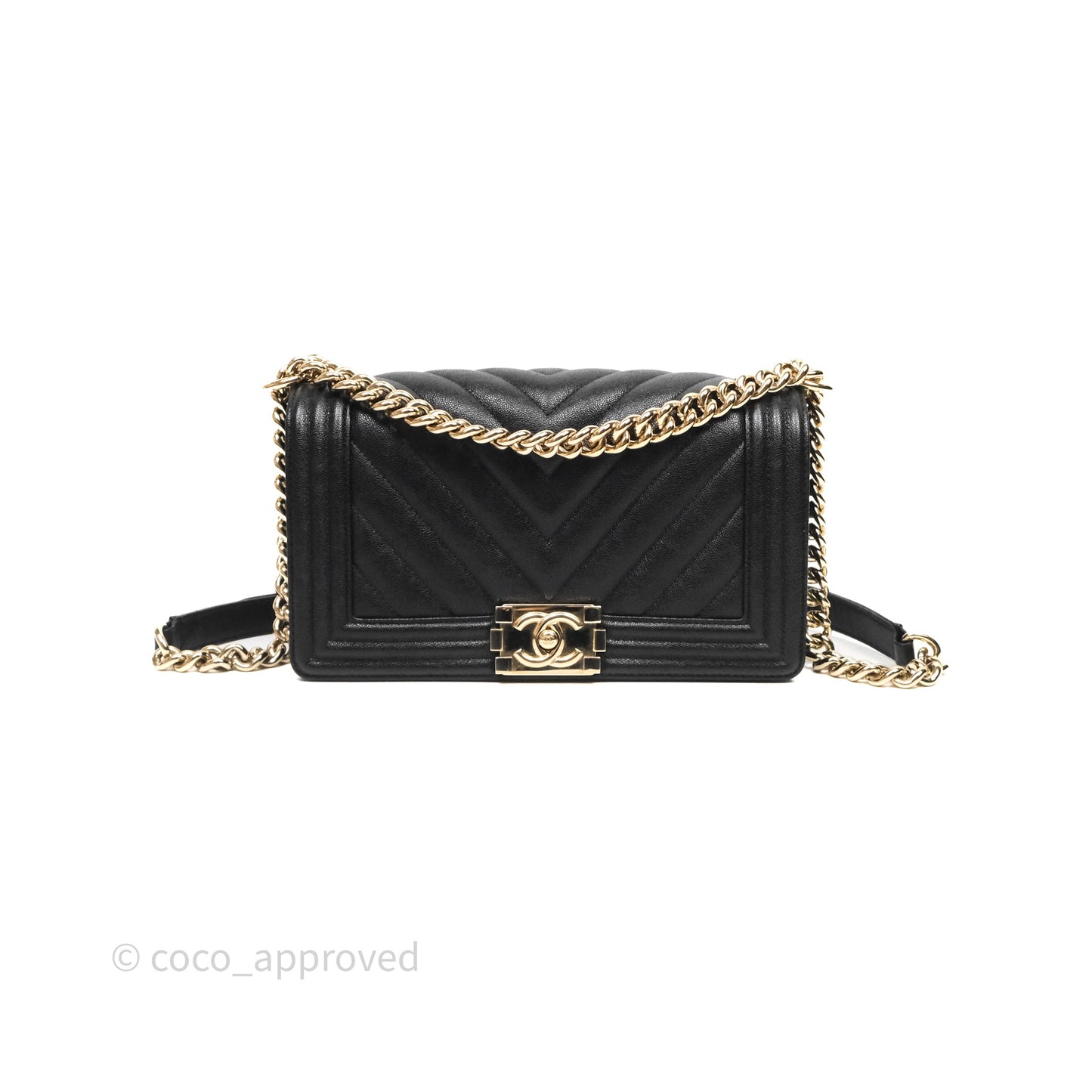 Chanel Medium Boy Chevron Black Caviar Light Gold Hardware
