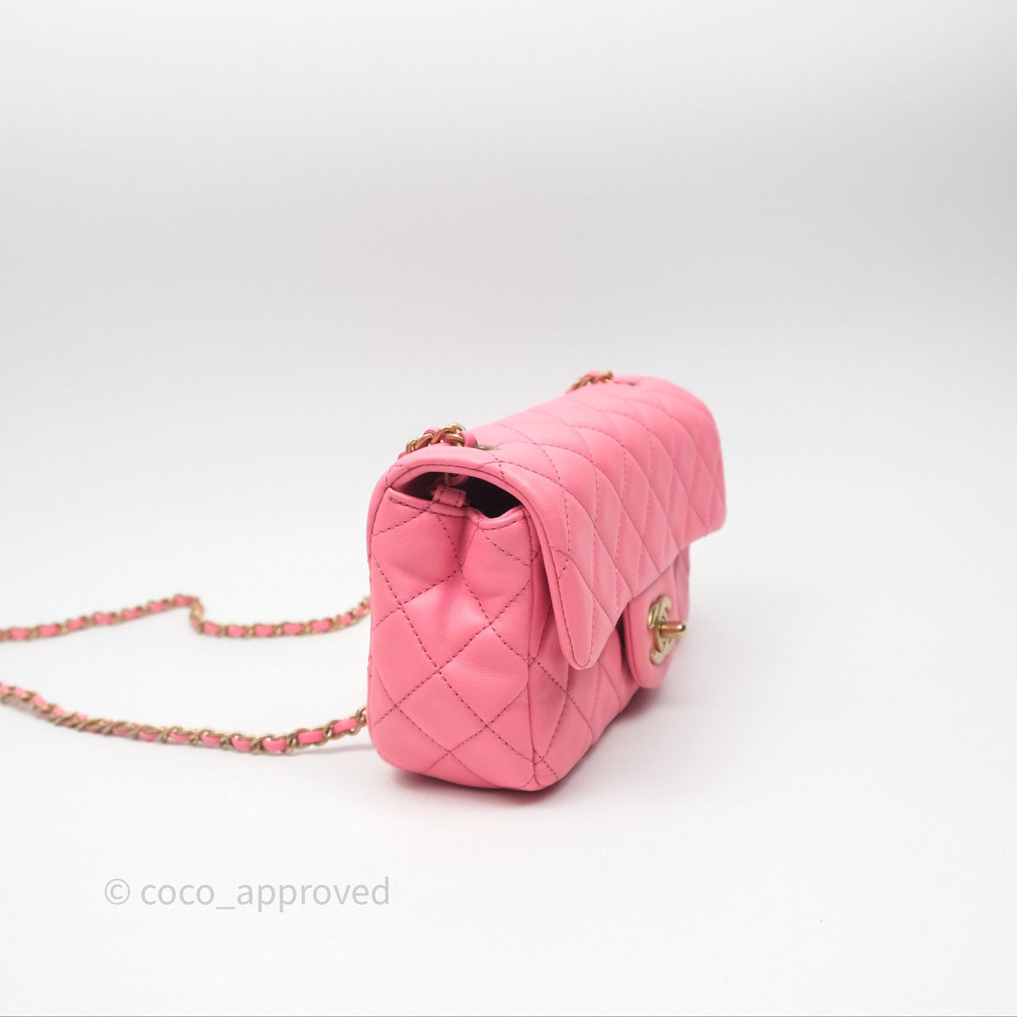 Chanel Mini Rectangular Pearl Crush Quilted Pink Lambskin Aged Gold Hardware
