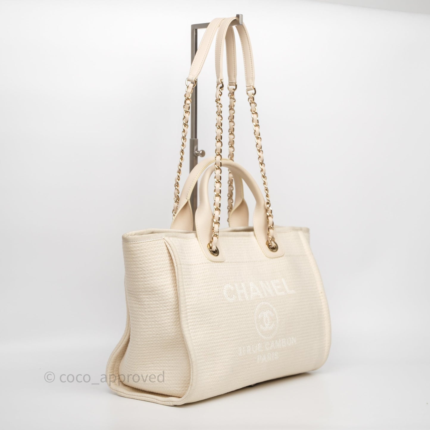 Chanel New Small Deauville Cream Ivory Canvas Light Gold Hardware