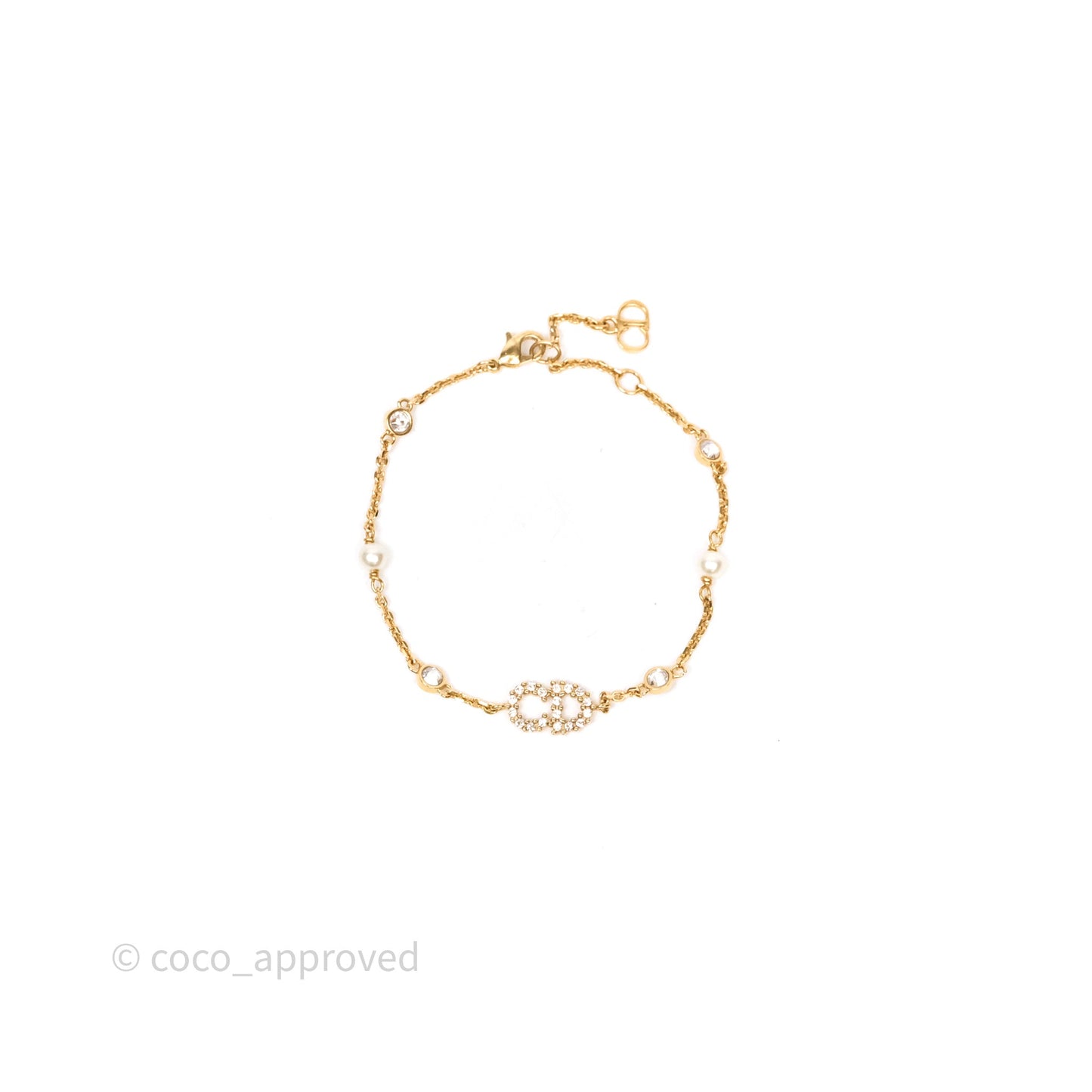 Christian Dior Metal Crystal Pearl CD Bracelet Gold Tone