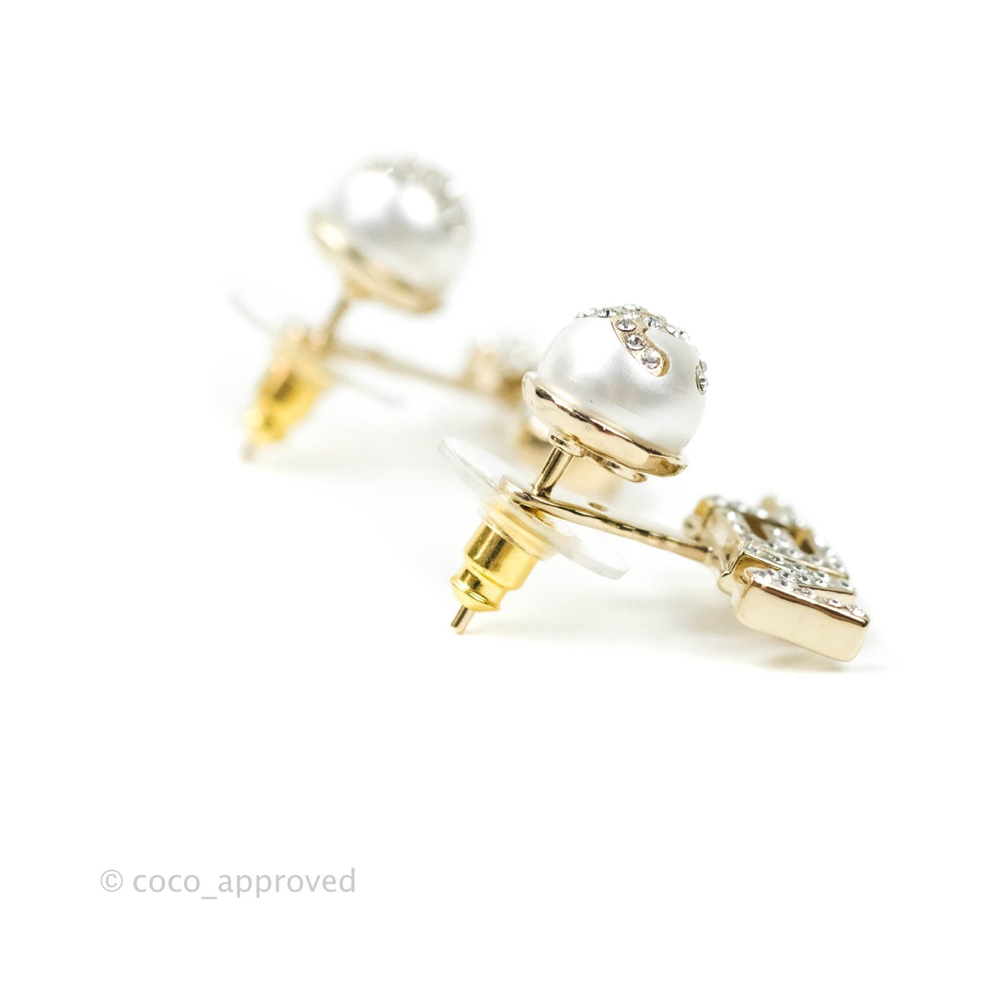 Chanel CC Pearl Rhinestone Earrings Gold Tone 21A