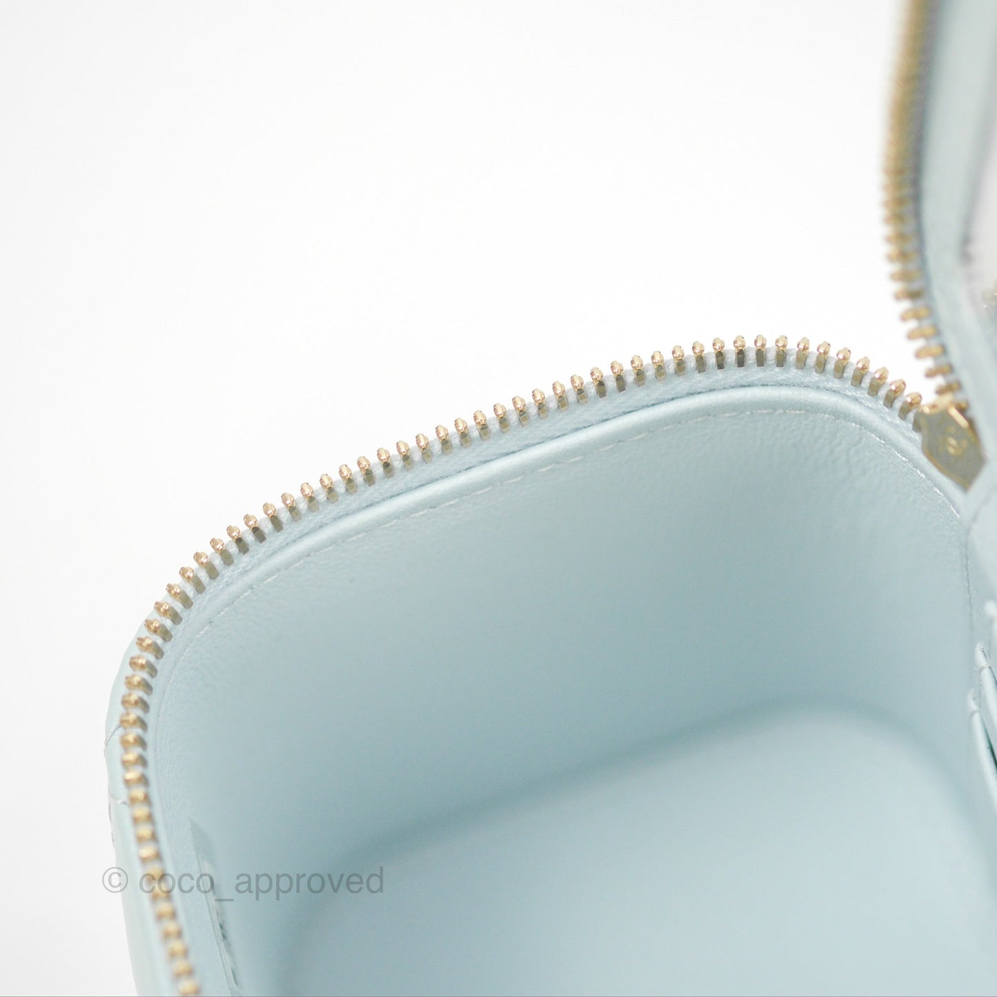 Chanel Vanity Rectangular Logo Crystal Top Handle Light Blue Lambskin Gold Hardware