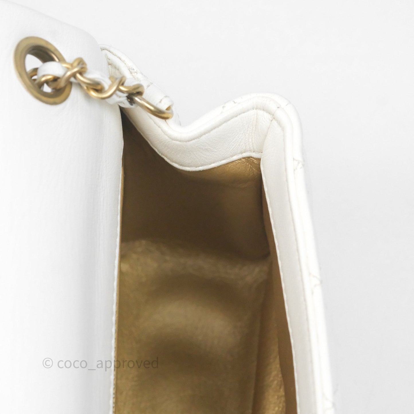 Chanel Mini Rectangular Pearl Crush Quilted White Lambskin Aged Gold Hardware