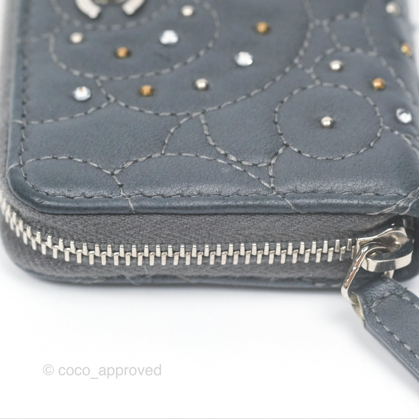 Chanel Camellia Crystal Studded Zipped Coin Purse Grey Silver Hardware