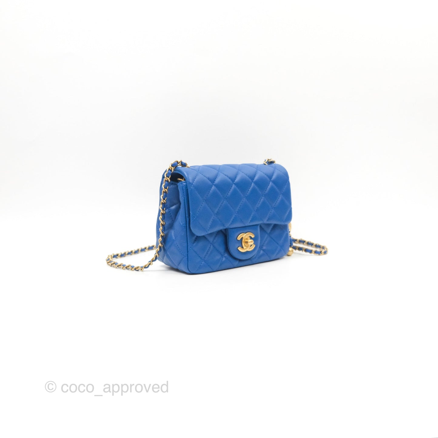 Chanel Pearl Crush Mini Square Quilted Blue Lambskin Aged Gold Hardware