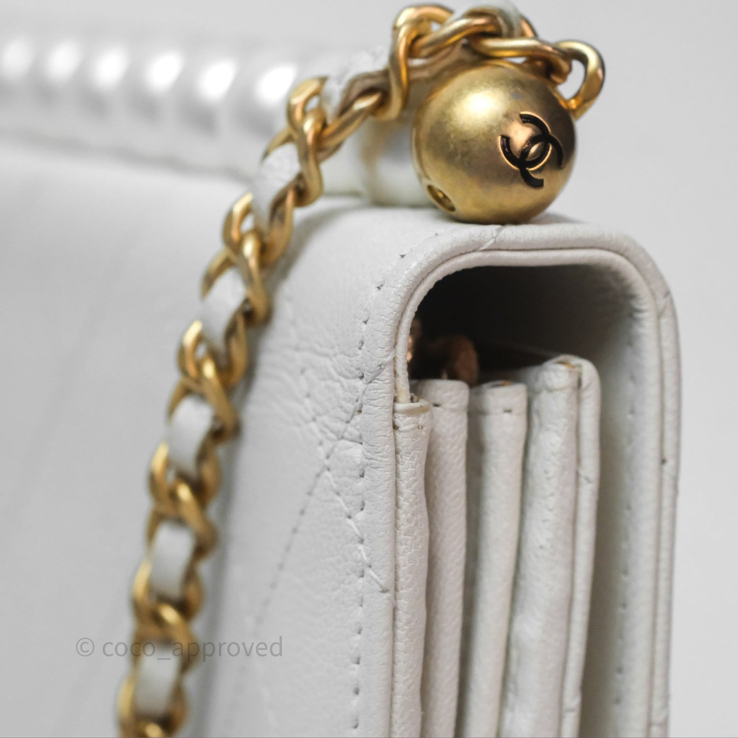 Chanel Quilted Mini Chic Pearls Flap Wallet On Chain WOC White Goatskin Aged Gold Hardware