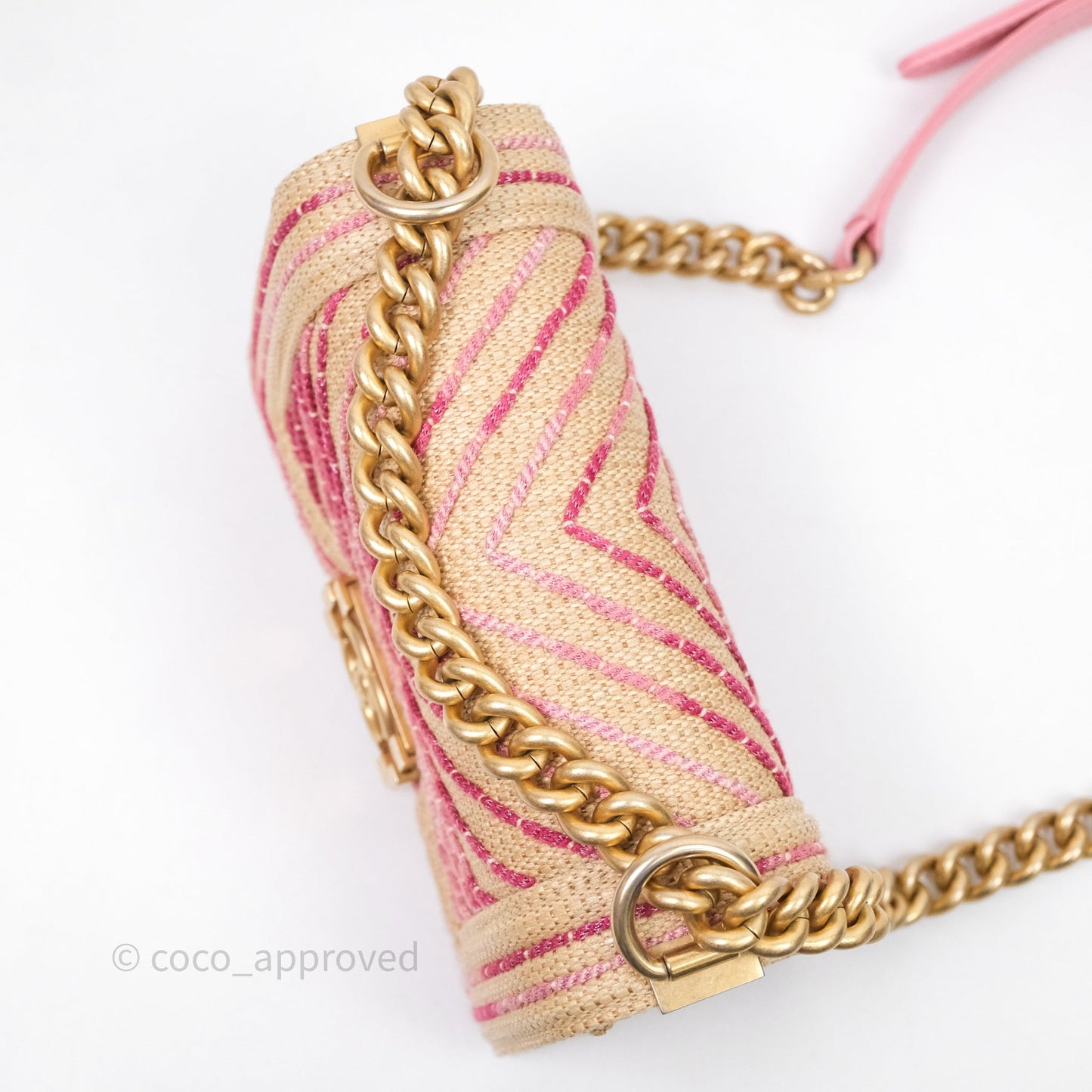 Chanel Small Boy Chevron Raffia Metallic Pink Aged Gold Hardware