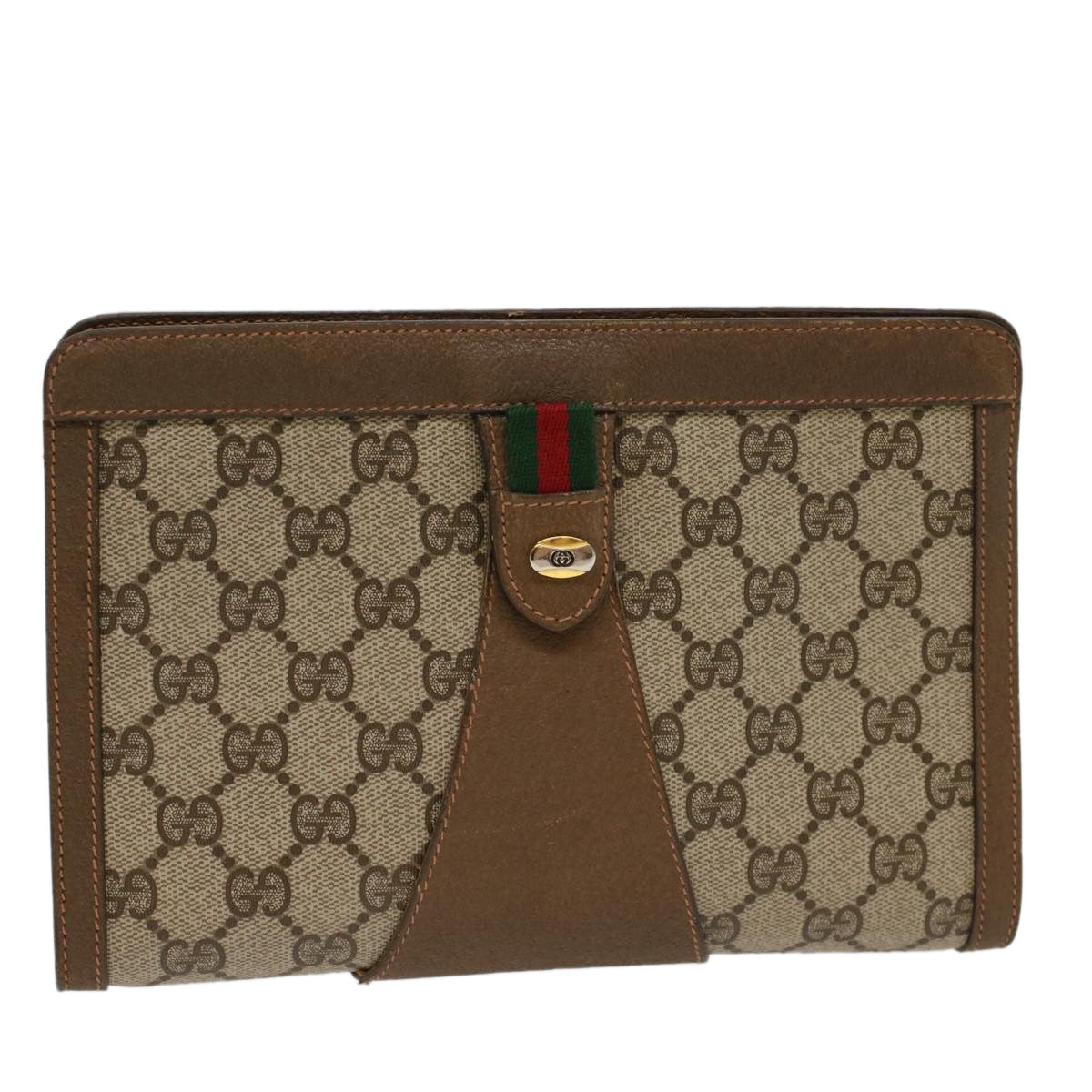 Luxury Gucci GG Canvas Web Sherry Line Clutch Bag PVC Leather Beige Green  53256