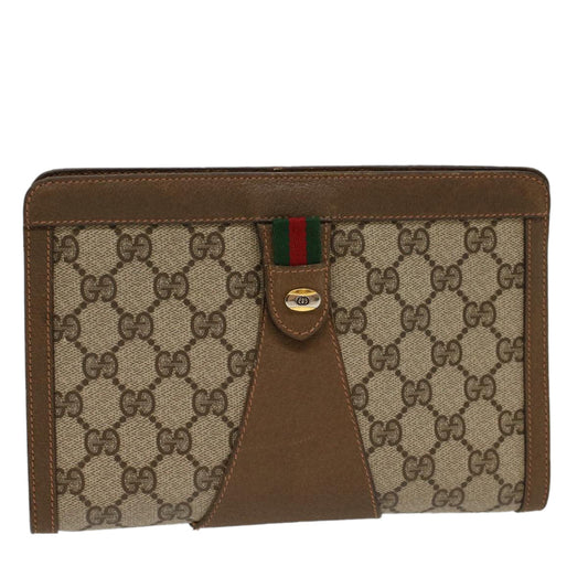 Luxury Gucci GG Canvas Web Sherry Line Clutch Bag PVC Leather Beige Green  53256