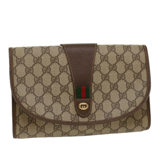 Luxury Gucci GG Canvas Web Sherry Line Clutch Bag PVC Leather Beige Green  53257