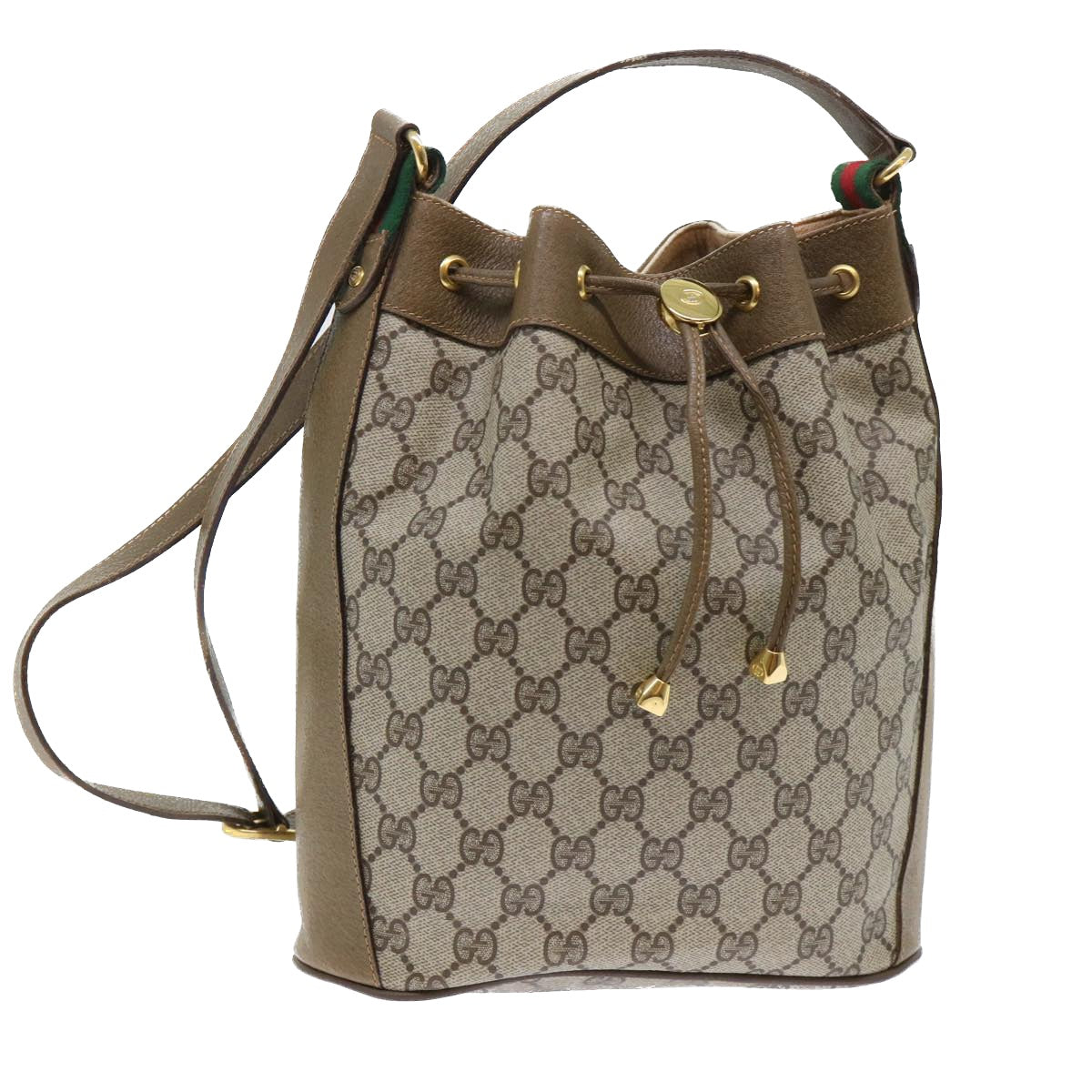 Luxury Gucci GG Canvas Web Sherry Line Shoulder Bag PVC Leather Beige Green  53271