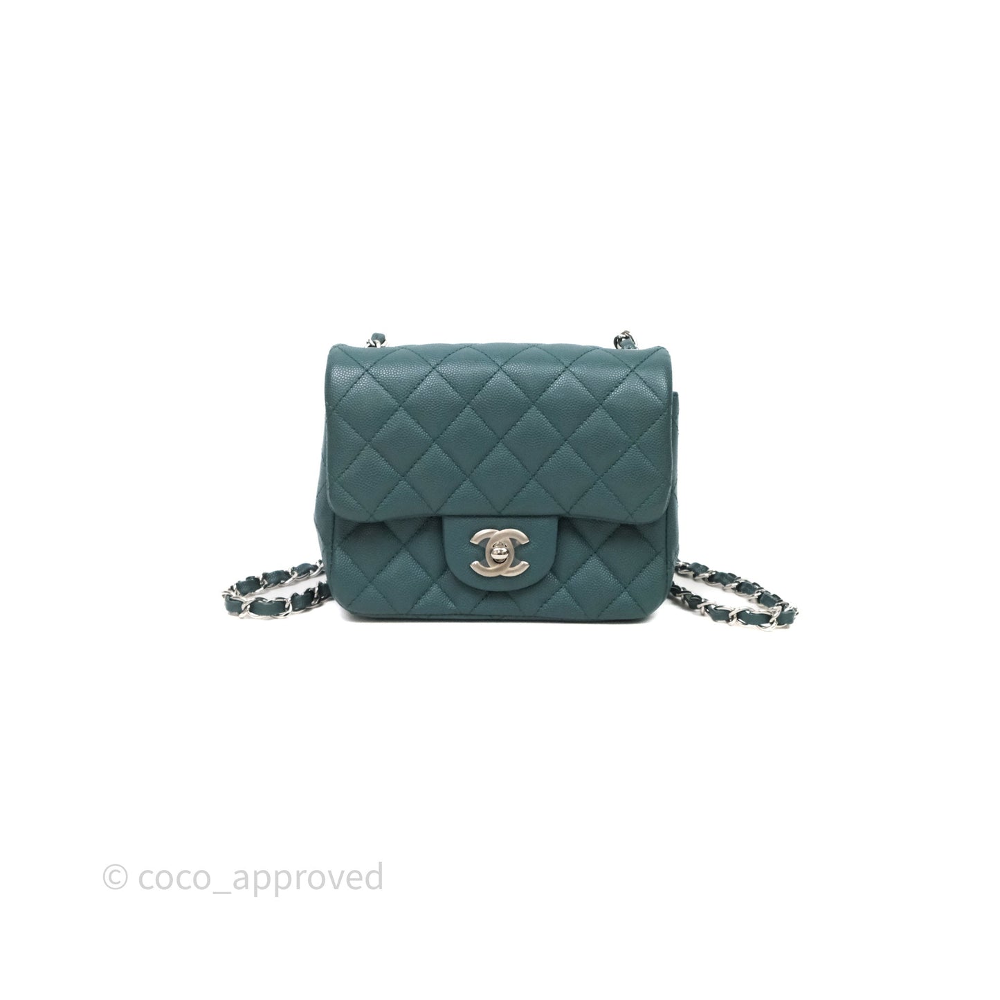 Chanel Quilted Mini Square Flap Dark Green Caviar Silver Hardware