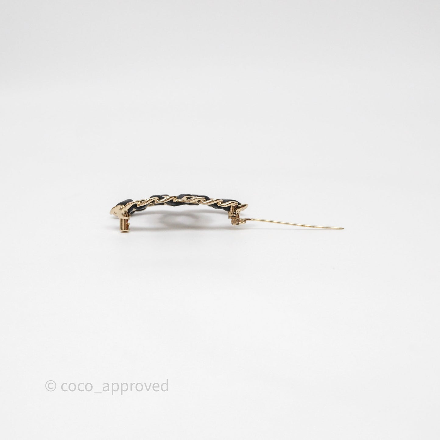 Chanel CC Braided Black Leather Brooch Gold Tone 22V